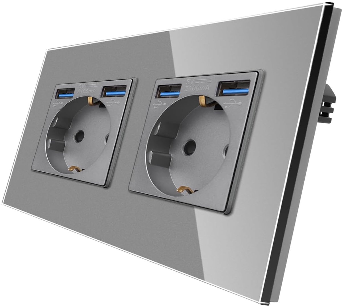 Glazen dubbele contactdoos met USB-A-poorten max. 2,1 Amp totaal, tweevoudig inbouwstopcontact, schuko-stopcontact met glazen frame, grijs