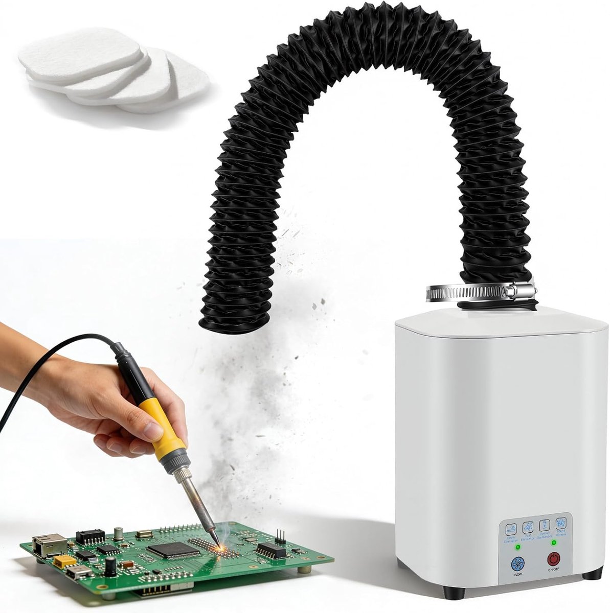 50W tafelafzuiging 128 m³/h, 3-traps filtersysteem met actieve kool + HEPA, compacte soldeerdampabsorber voor soldeerstationlassen houtbewerking, veilig met siliconenvoeten