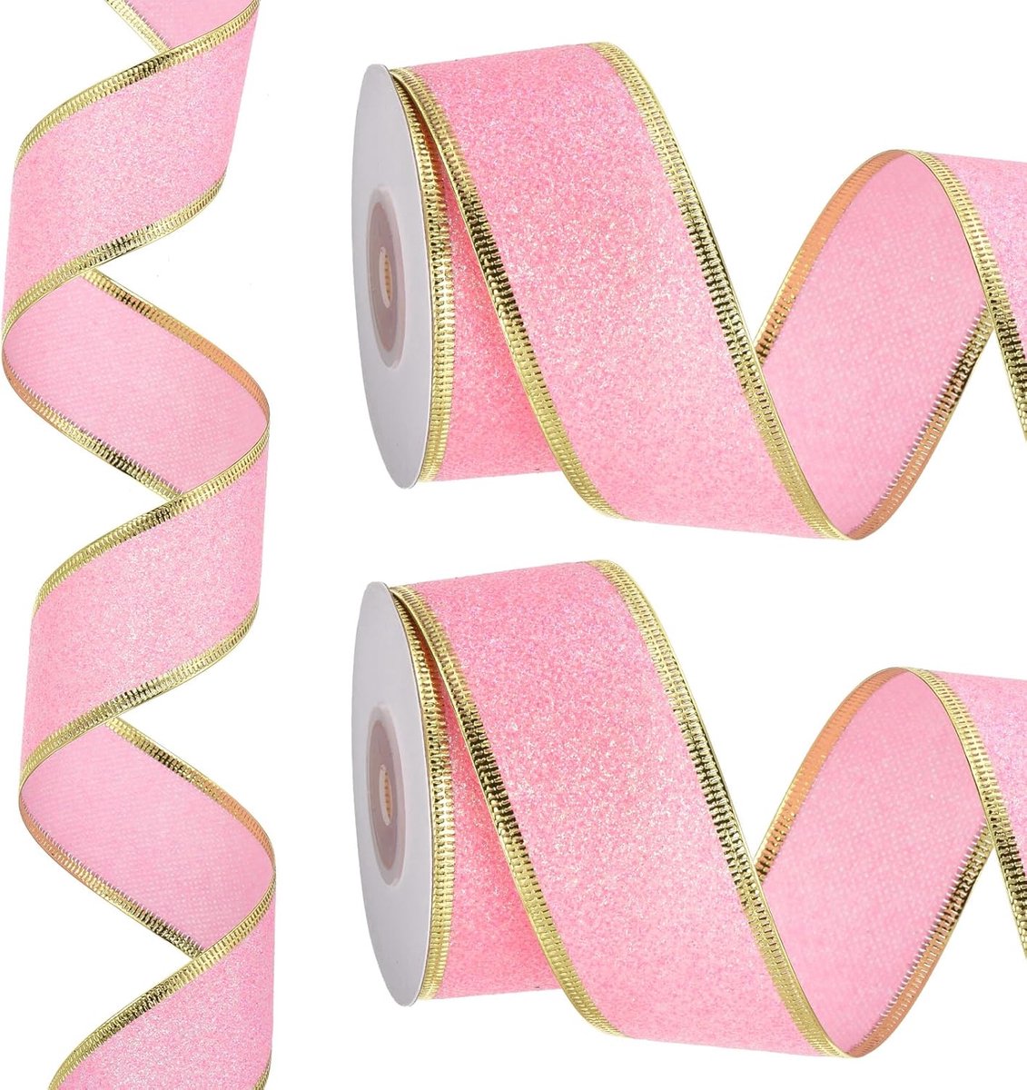 Kerstlint van 3,8 cm x 3,8 cm, metallic draad lint, glanzende geschenkverpakkingslint voor knutselen, verjaardag, bruiloft, festival, decoratie, roze goud