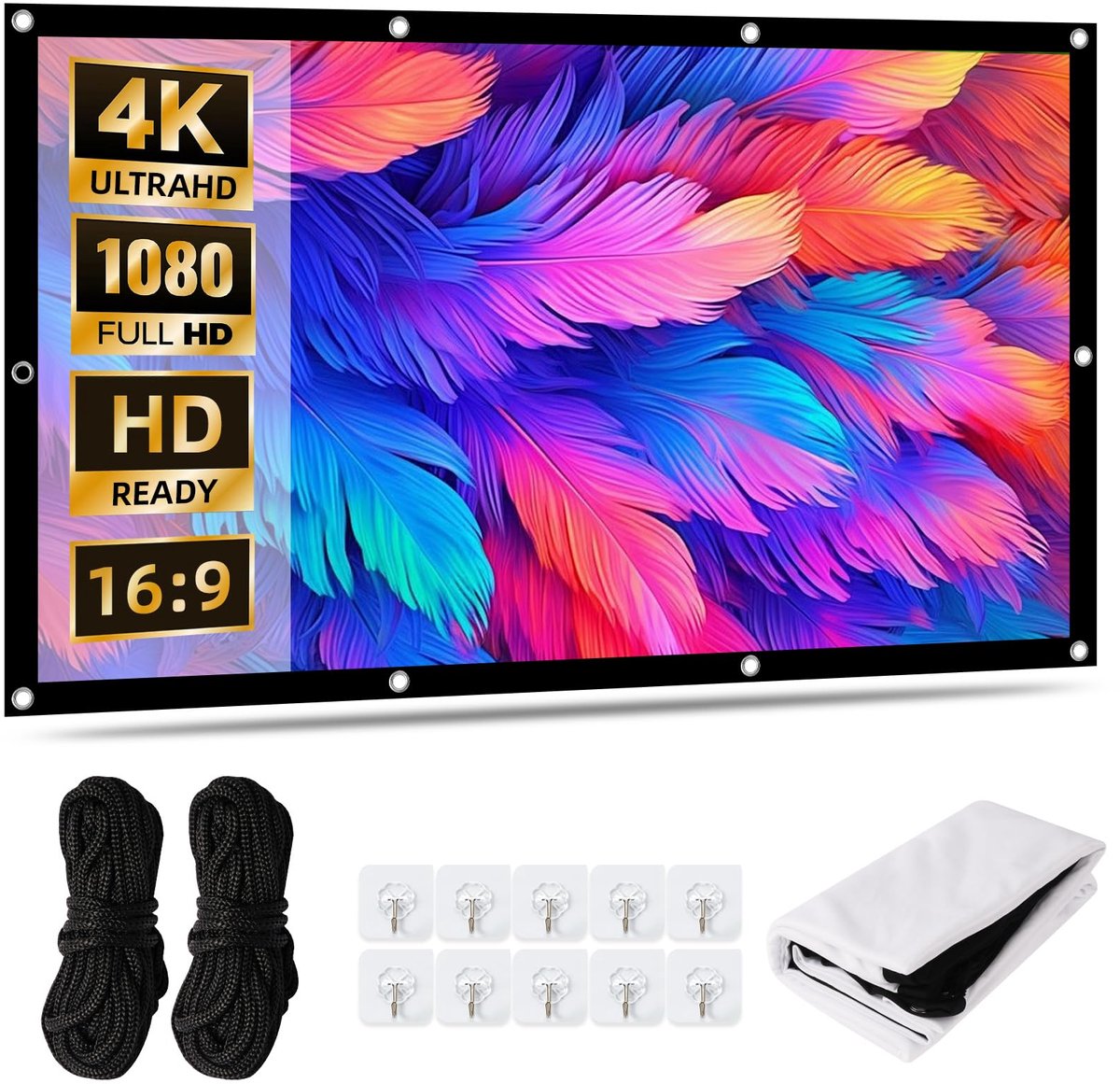 SnelShoppen - YOOULIT Beamerscherm 120 inch, 16:9 4K HD Projectiescherm, Draagbaar Met Verdikte Melkzijde, Inclusief 10 Haken en 2 Bindtouwen, Ideaal
