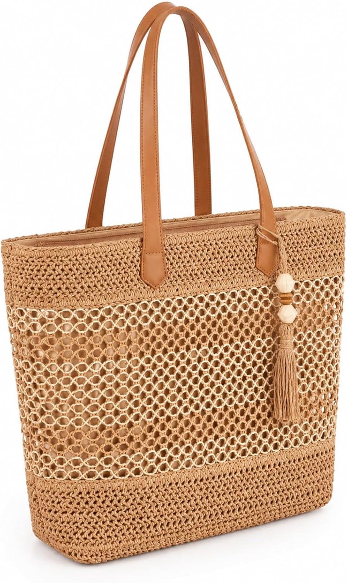 strandtas, stro strandtas dames, gevlochten boodschappentas medium met ritssluiting, voor strand vakantie zomer, bruin