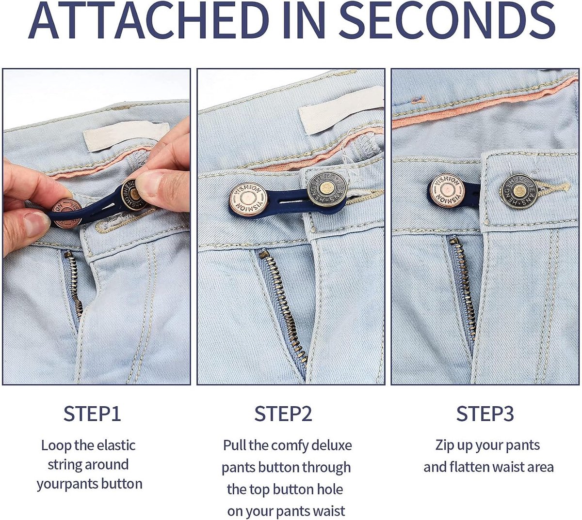 Set van 6 taillebandverlengers – Verstelbare verlengers voor broeken en jeans – Unisex elastische tailleverlengers -Geschikt voor zwangerschapskleding -Verlengers met knoopsluiting (niet naaien nodig) om de taillemaat aan te passen – foto 6