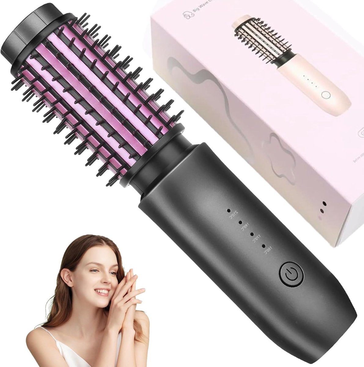 Draadloze krultangborstel, 2 in 1 draadloze haarcurler en stijltangborstel, 7000 mAh draagbare reiskrultang mini, oplaadbare krulstaaf met negatieve ionen, 150℃-210℃ (zwart)