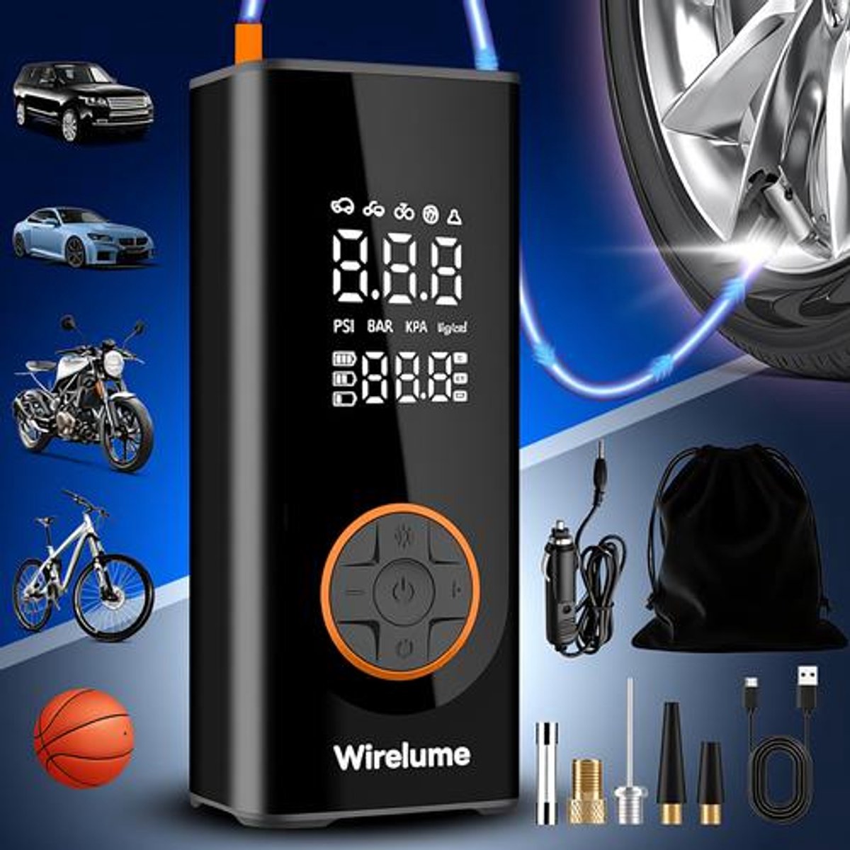 Draagbare luchtcompressor 12V met 6000 mAh accu, 150 PSI, voor autobanden en fietsen