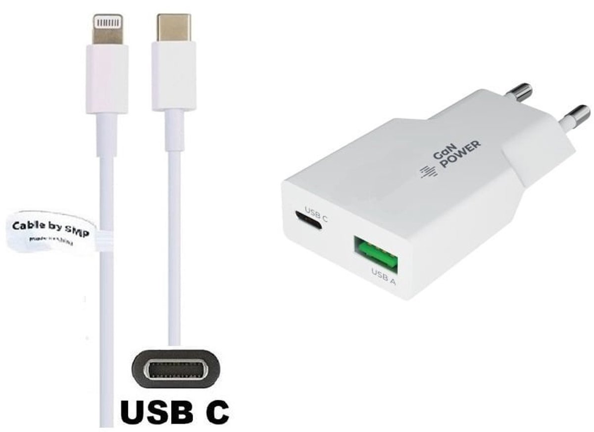 OneOne 30W super snellader met 2 poorten en screenprotector van glas voor iPhone 12 + 2,0m USB C naar Lightning kabel. PD PPS lader. GaN oplader adapter. Glazen screenprotector past op Apple iPhone 12