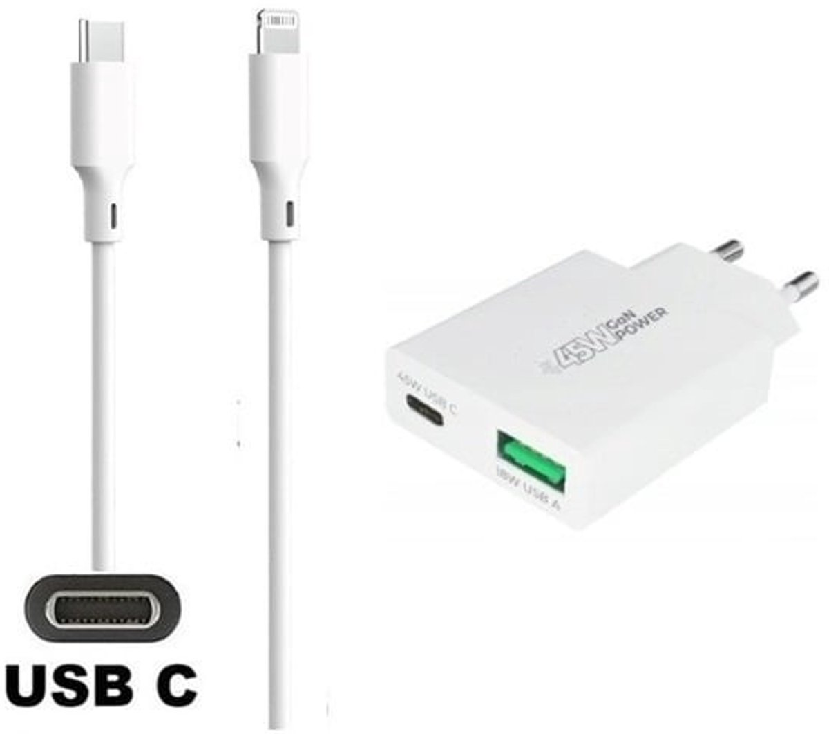 OneOne 45W super snellader met 2 poorten en screenprotector van glas voor iPhone 12 Pro Max + 1,2m USB C naar Lightning kabel. Universele PD PPS lader. Compacte GaN oplader adapter. Glazen screenprotector past op Apple iPhone 12 Pro Max