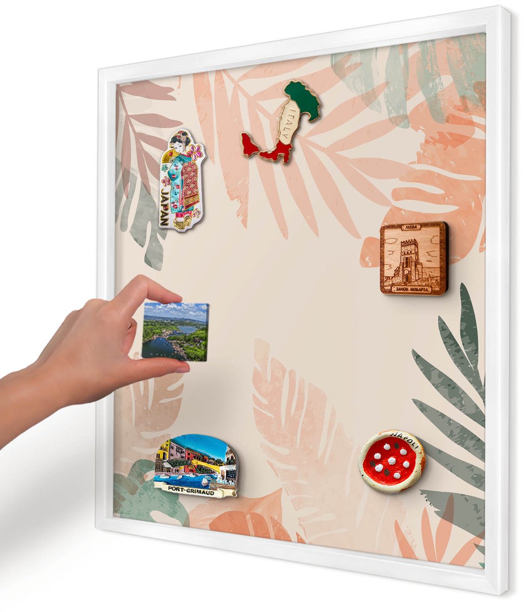 Artprintcave Beige Magneetbord mit Witte Lijst - 50x50 cm - Tropische Bladeren Magneetbord Voor Keuken - Modern Wandbord Magnetisch - Bloemen En Planten