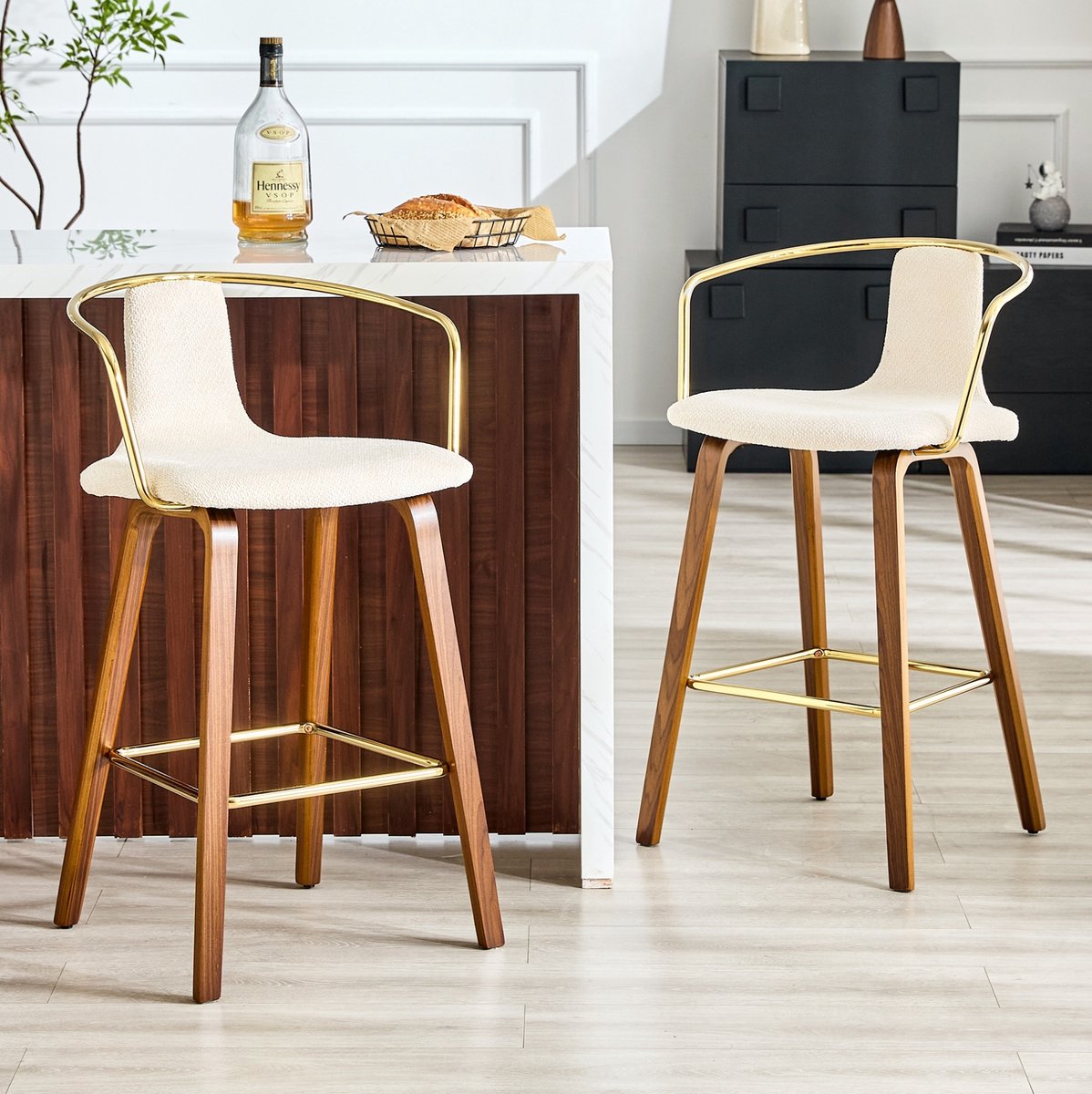 MIVRAY Barkruk Set van 2 - Met Armleuning En Rugleuning - Voor Keuken Eiland En Bar - Stof Met Houten Poten - Wit
