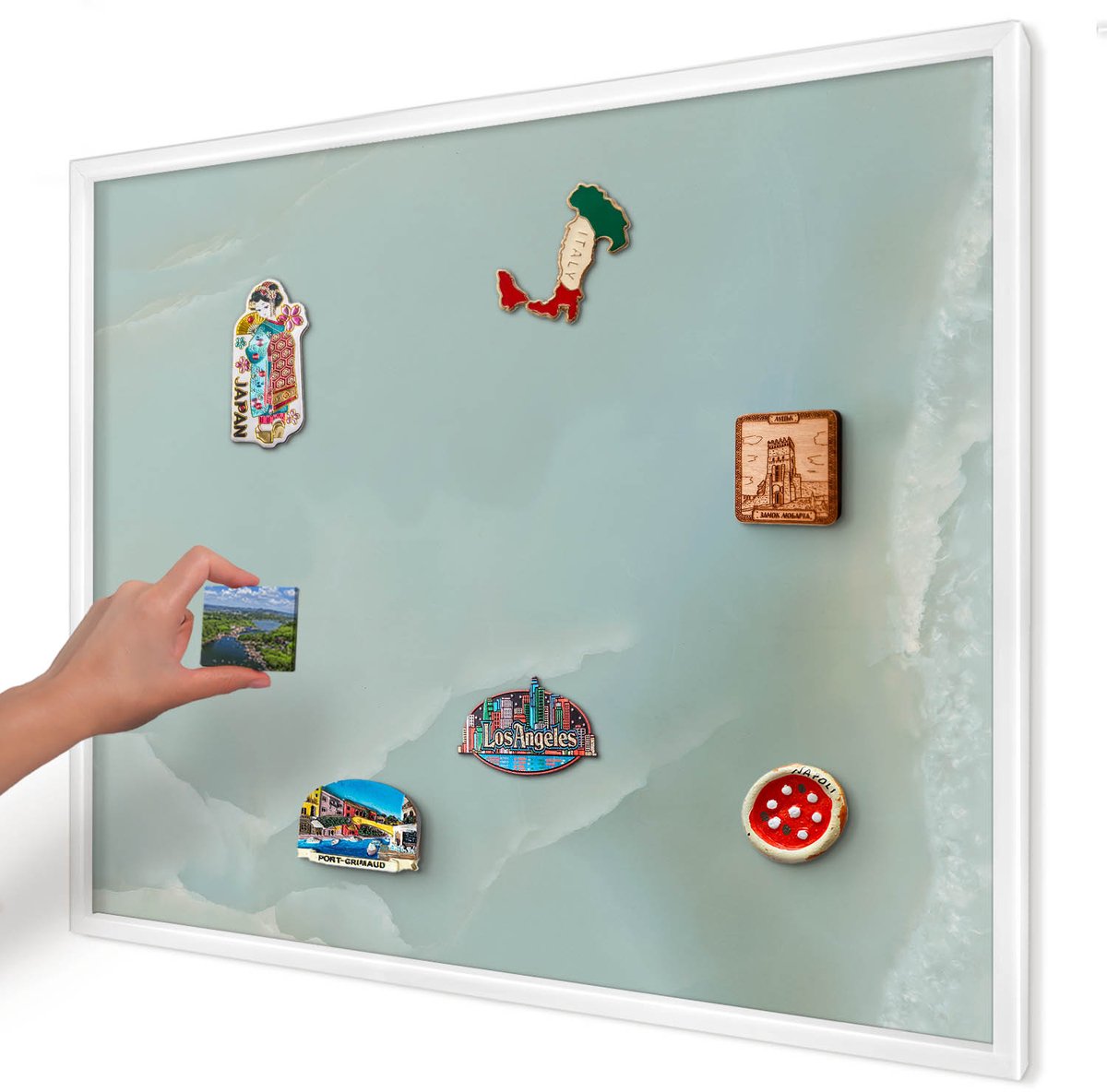 Artprintcave Turkoois Magneetbord mit Witte Lijst - 80x60 cm - Vreedzame Harmonie Memobord Keuken - Minimalist Magneetbord Voor Foto's - Achtergronden En Patronen