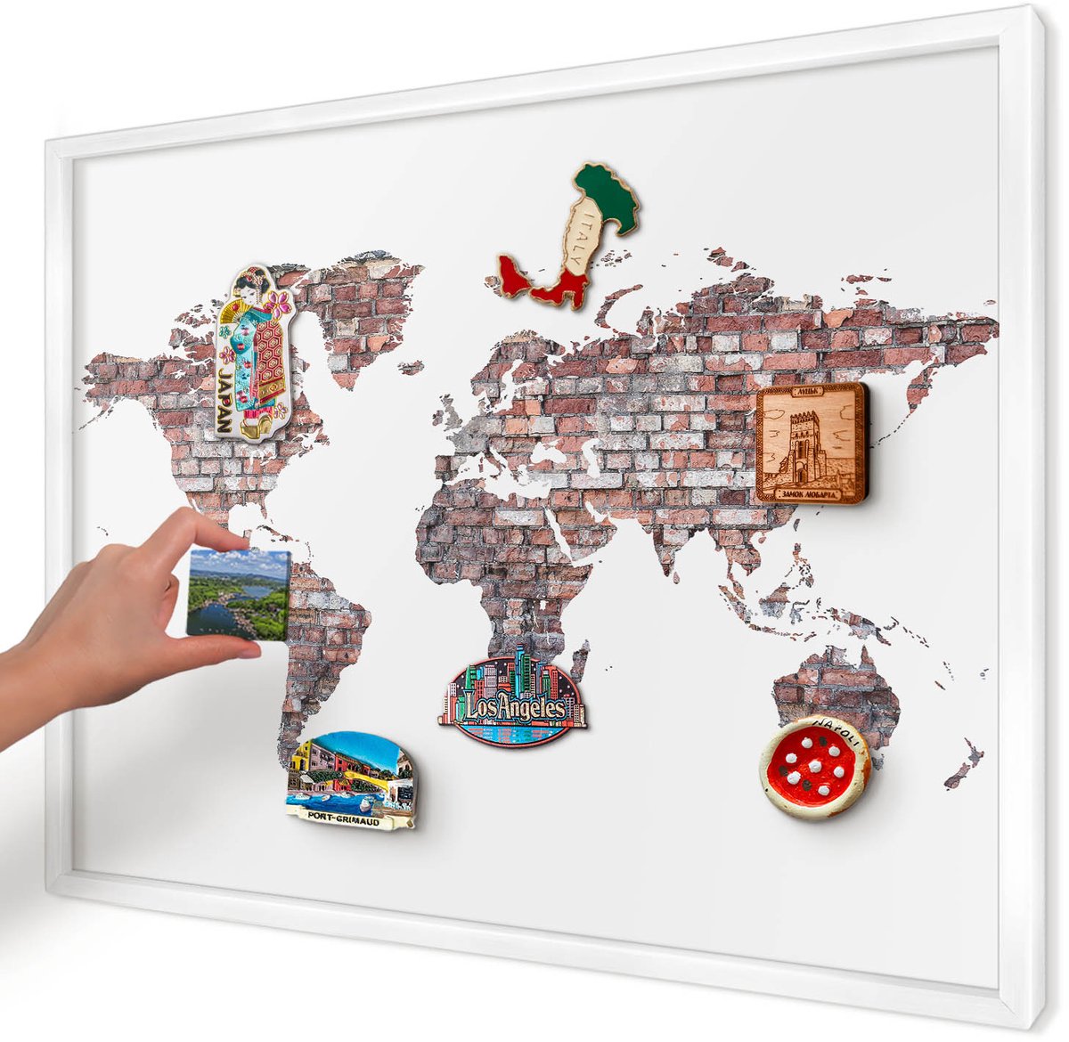 Artprintcave Wit Magneetbord mit Witte Lijst - 70x50 cm - Baksteenwereld Magnetisch Bord - Industrieel/Loft Magneetbord Voor Foto's - Kaarten