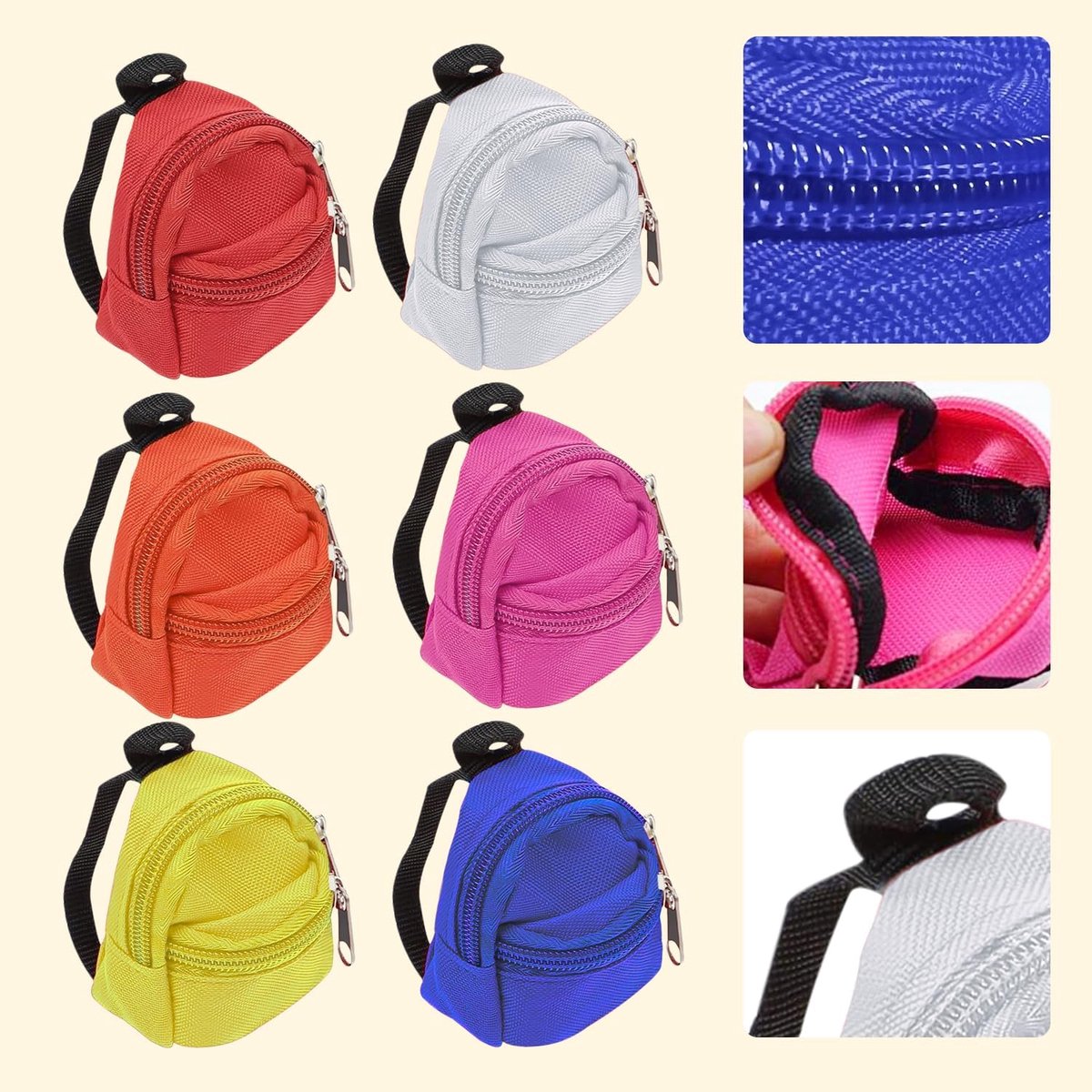 Mini rugzakjes voor poppen - 6 stuks - diverse kleuren - klein dubbelrits rugtas accessoire - voor poppoppen - voor speelpoppen kleding en spulletjes — cadeau in Spellen & Speelgoed - foto 4