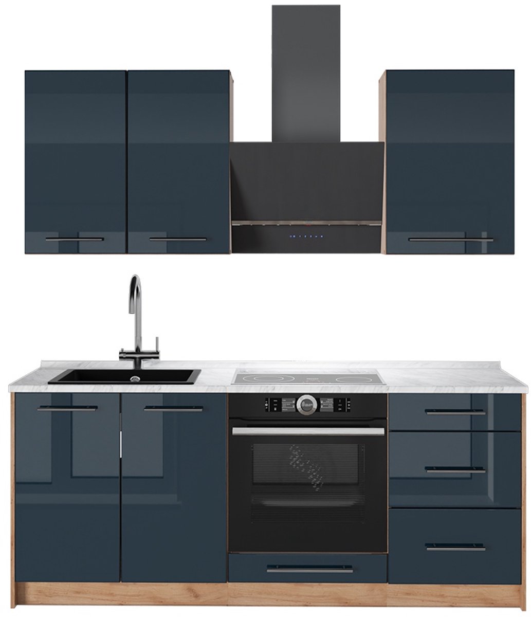 Vicco Eenpersoonskeuken Fame-Line, Donkerblauw hoogglans/Goudkleurig Eiken, 190 cm, WB Marmer