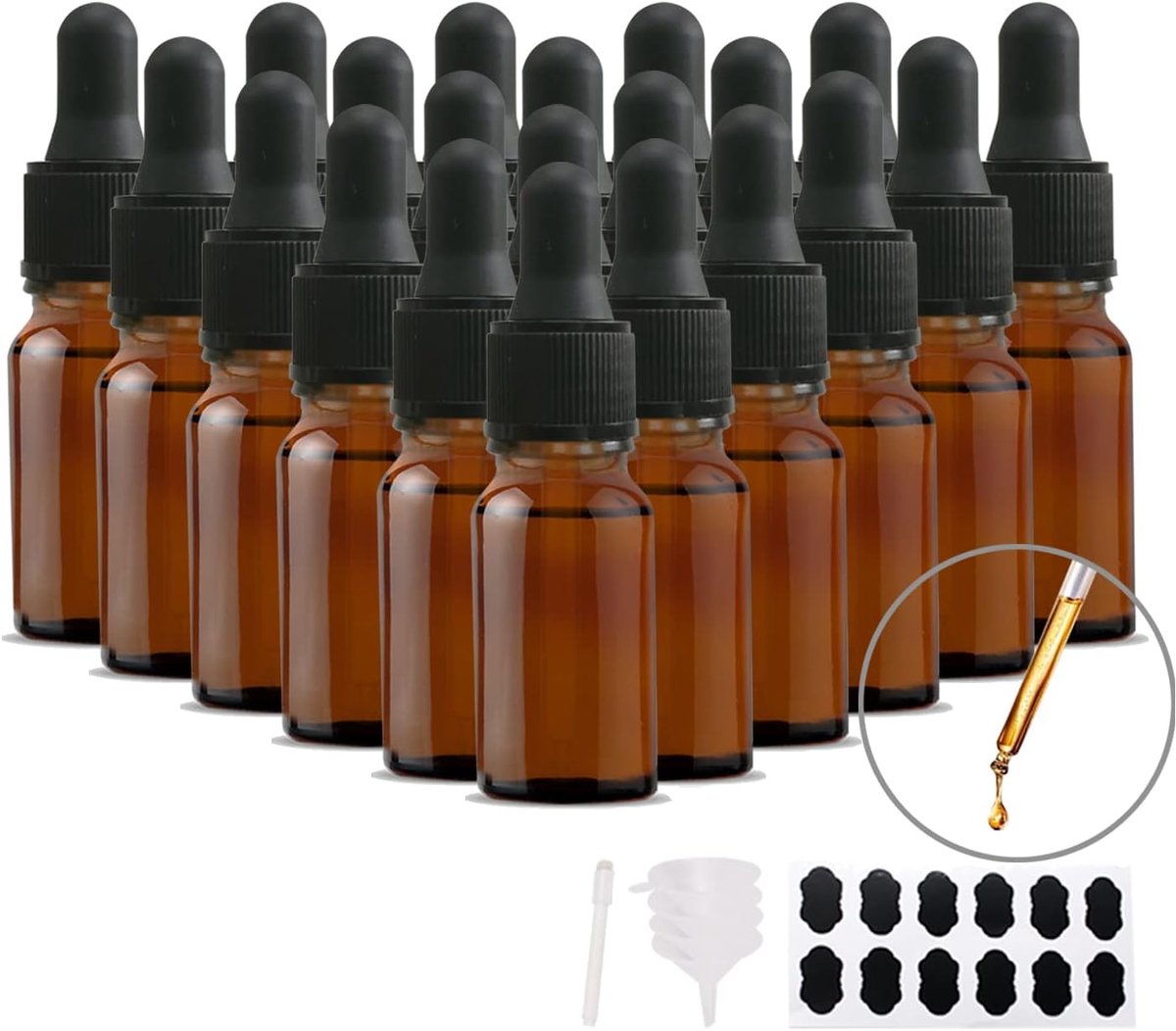 SnelShoppen - 24 Stuks 10ml Pipettefles met Glazen Pipet en 24 Labels, 1 Pen en 4 Trechters - Bruine Glazen Fles voor Chemische Stoffen en Essentiële