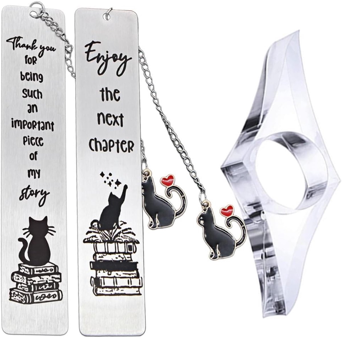 SnelShoppen - 2-delige Metalen Boekenlegger met Ketting, Kat Bedel, Gepersonaliseerd voor Boekenliefhebbers, Boekenaccessoires, Cadeaus voor Lezers, J