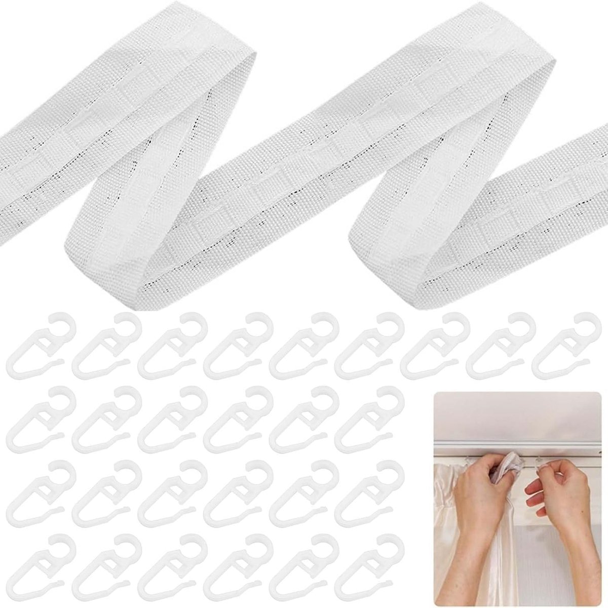 SnelShoppen - 30 m Gordijnband 2.5 cm met 50 Witte Plastic Haakjes - Plissé Band voor Gordijnen, Deuren en Douchegordijnen - Universele Golfvorm
