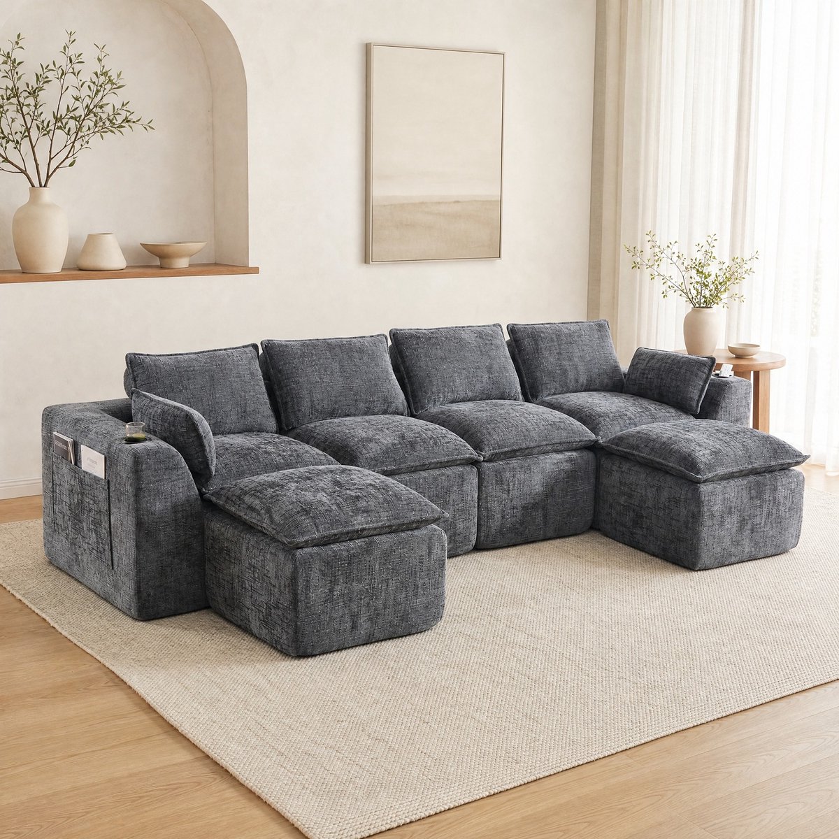MODENUIT Hoekbank 322 x 161 cm - Modulair Met Voetenbanken En Zijvakken - Woonkamer En Kantoor - Chenille Donkergrijs