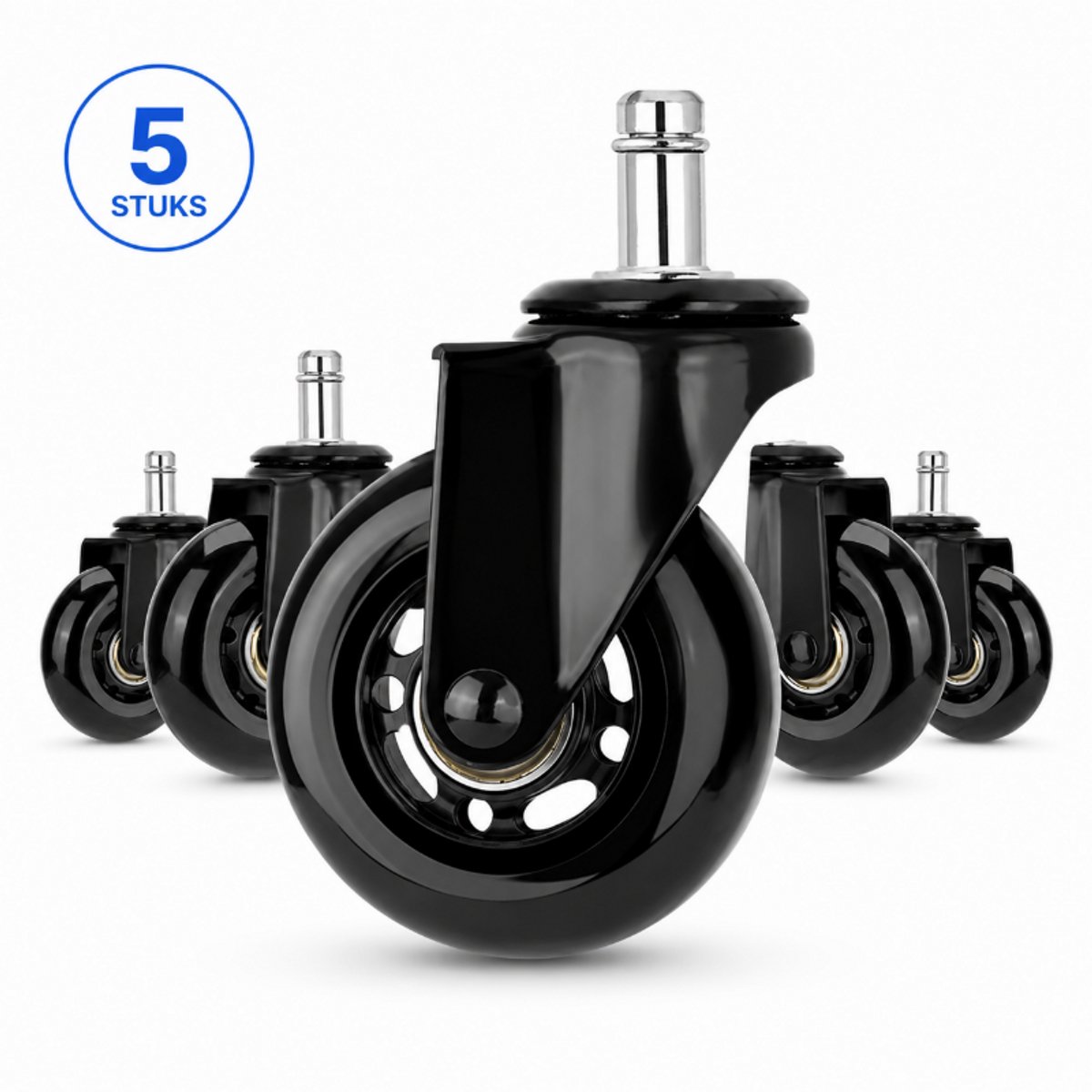 Bobypet - Luxe Bureaustoel Wielen 11x22mm - Universele Rubberen Bureaustoelwieltjes Set van 5 - Krachtpatser tot 295kg Geluidsarm - Vloerbescherming voor Laminaat en Tapijt - Carbon Zwart