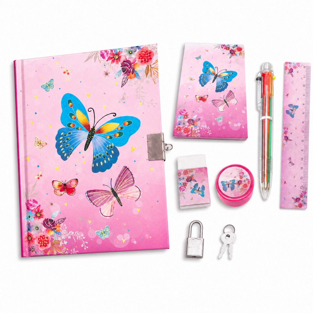 Bobypet - Geheim Dagboek met Slot voor Meisjes - Luxe Vlinder Dagboekset met Sleutel - Complete Schrijfset met 6-Kleuren Pen en Accessoires - Verjaardagscadeau Meisje 6 tot 10 Jaar - Roze