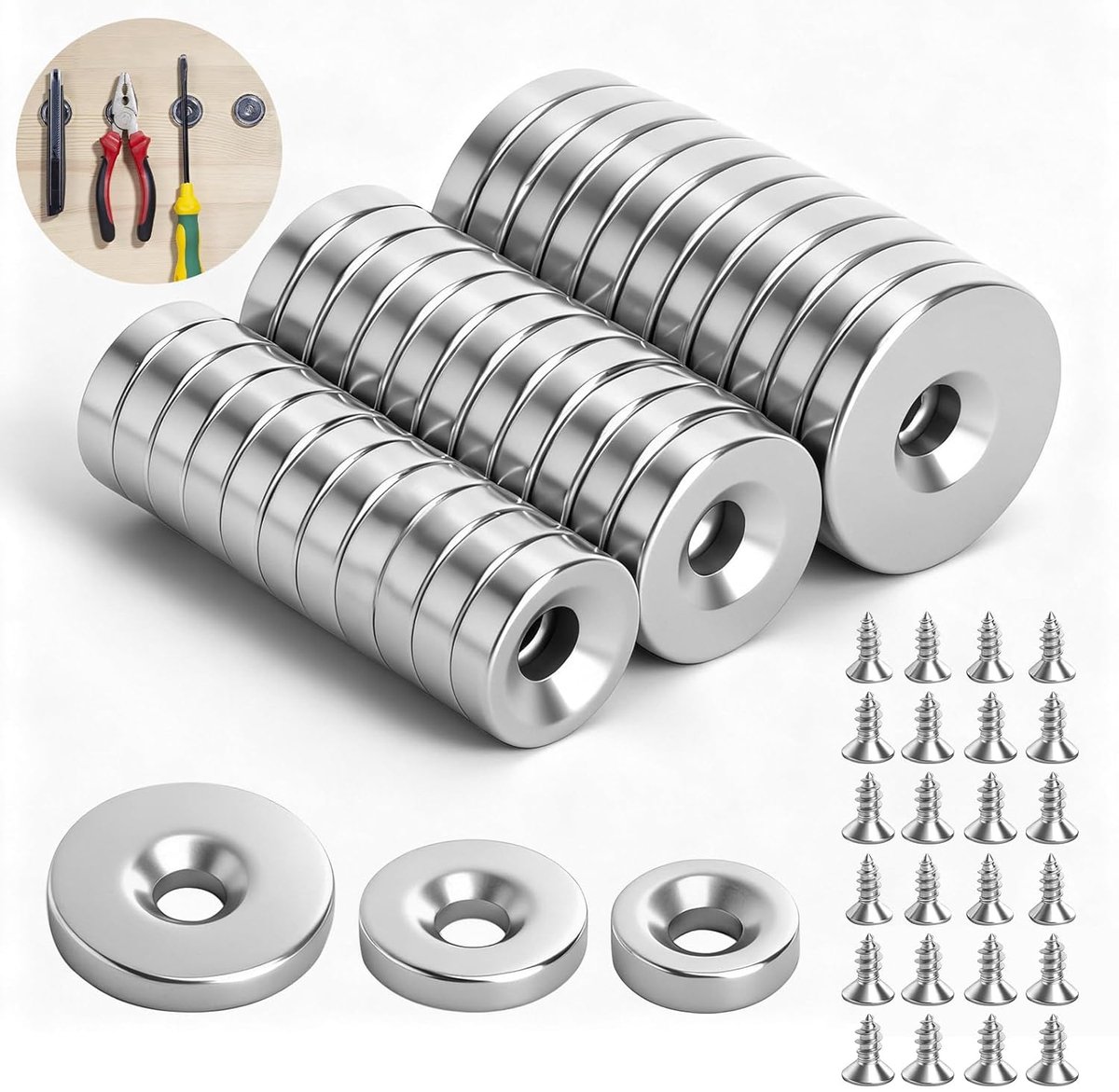 SnelShoppen - Set van 36 Neodymium Magneten met Gat, Extra Sterke Neodymium Magneten in 3 Maten (D10×3, D12×3, D15×3 mm), Potmagneten met Schroeven M3