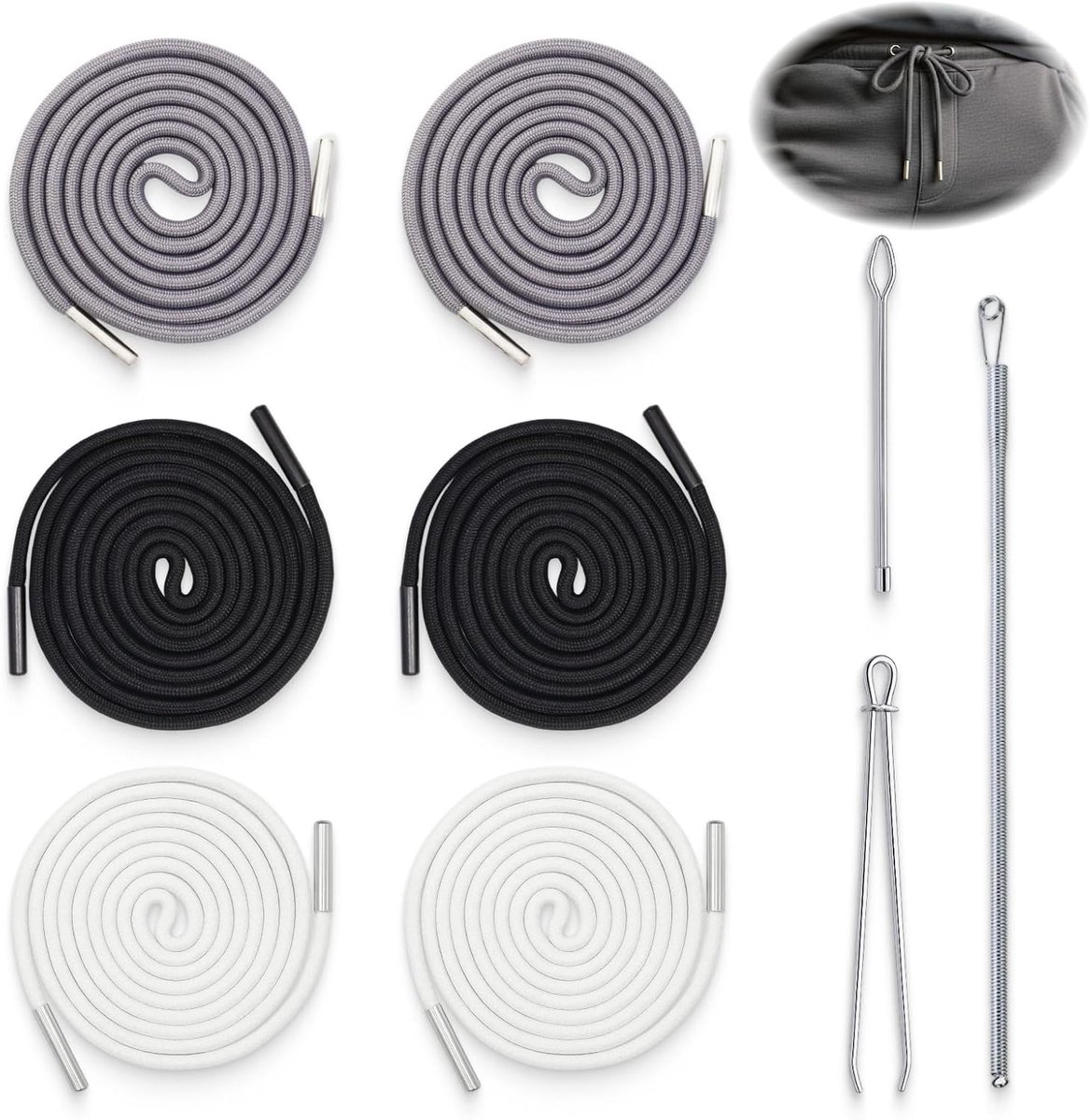 drawstrings voor joggingbroeken - 9-delig set - zwart, wit, grijs - inclusief threading tools voor eenvoudig gebruik - ShopVlot