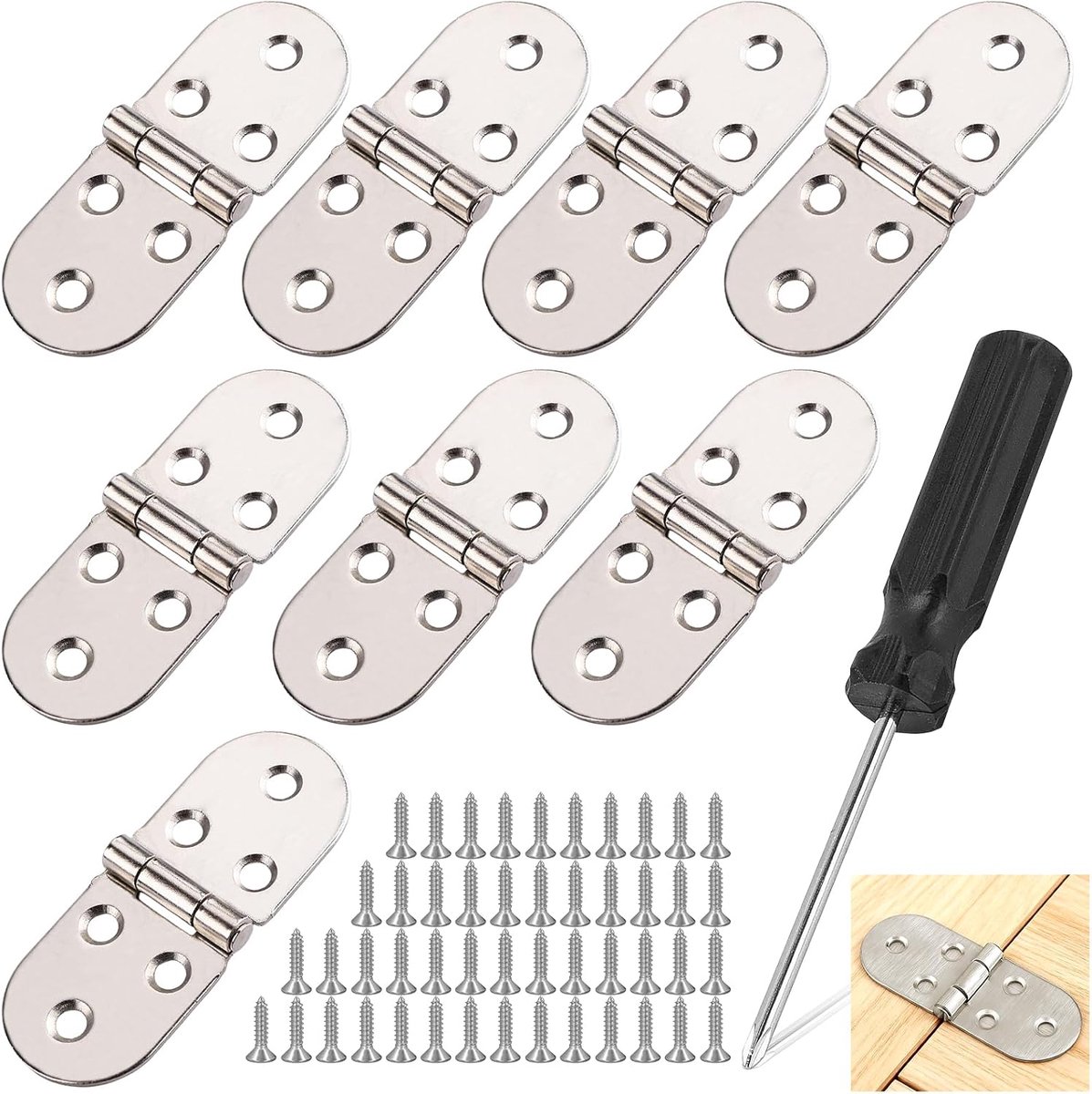 SnelShoppen - 8 Stuks RVS Schroef Scharnier, 180° Vouwscharnier voor Opklaptafel, Kast, Houten Platen, Meubels met Schroeven en Schroevendraaier