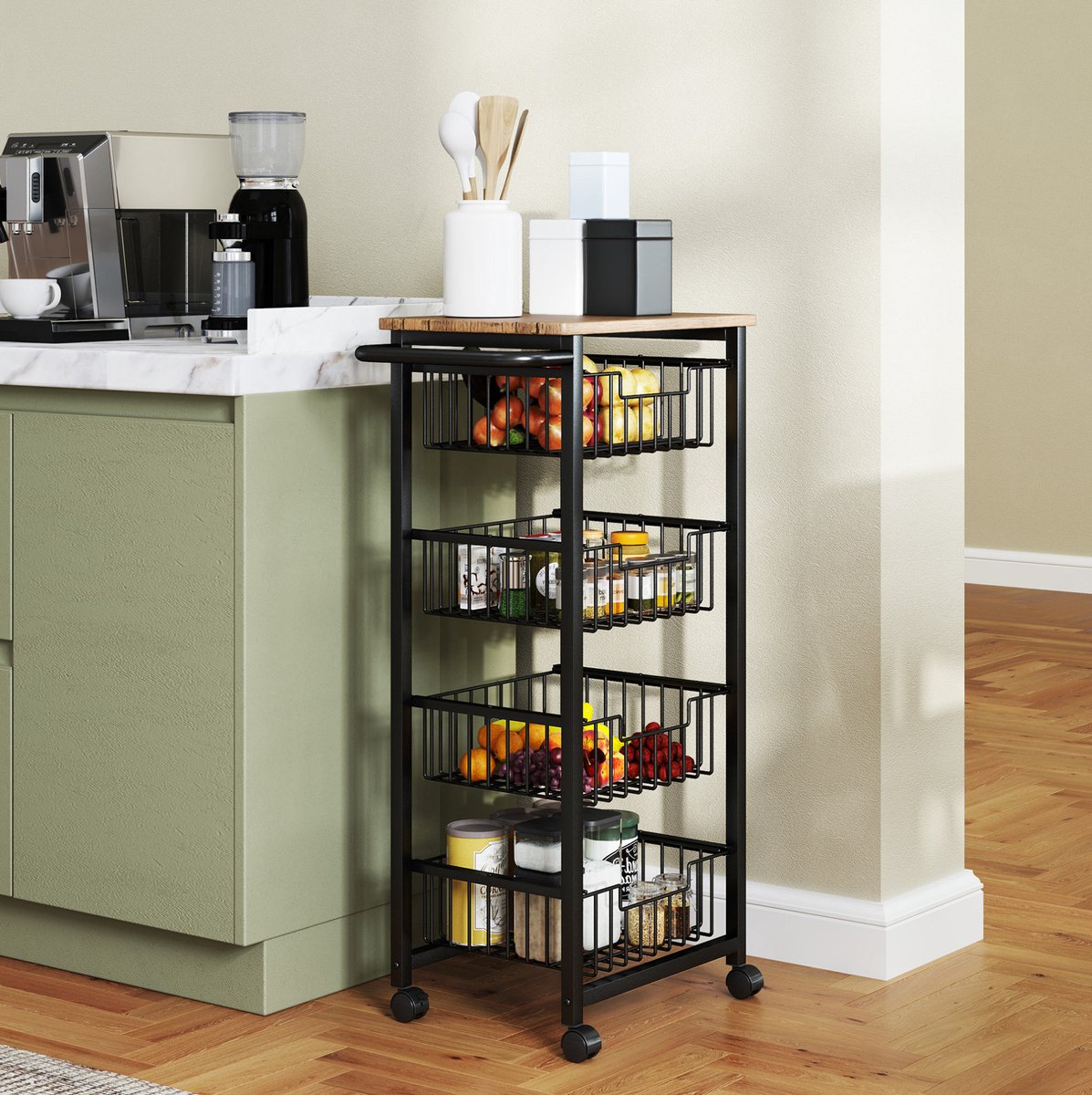 COVREO Keukentrolley 49,5 x 31 x 91 cm, eiken, staal en MDF, 4 korven