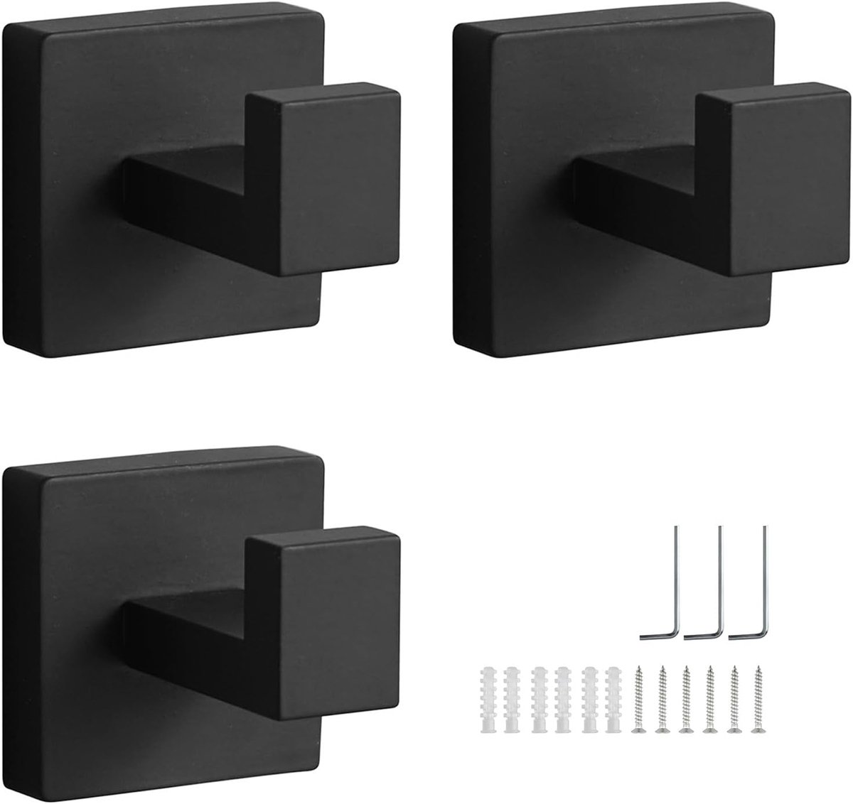 SnelShoppen - 3 Stuks Handdoek Haken voor Wandmontage, RVS Wandhaken, Zwart, Vierkante Handdoekhouder, Zwarte Badkamer Haken, Voor Badkamer, Keuken, S