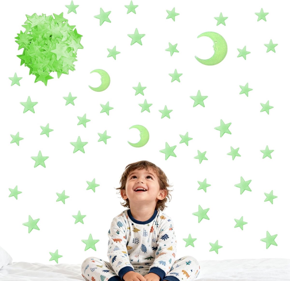 SnelShoppen - 200 Stuks Groene Fluorescerende Sterren met 3 Maan Fluorescerende Stickers, Resin Fluorescerende Sterren Set, Levendige Kleuren, Lichtab