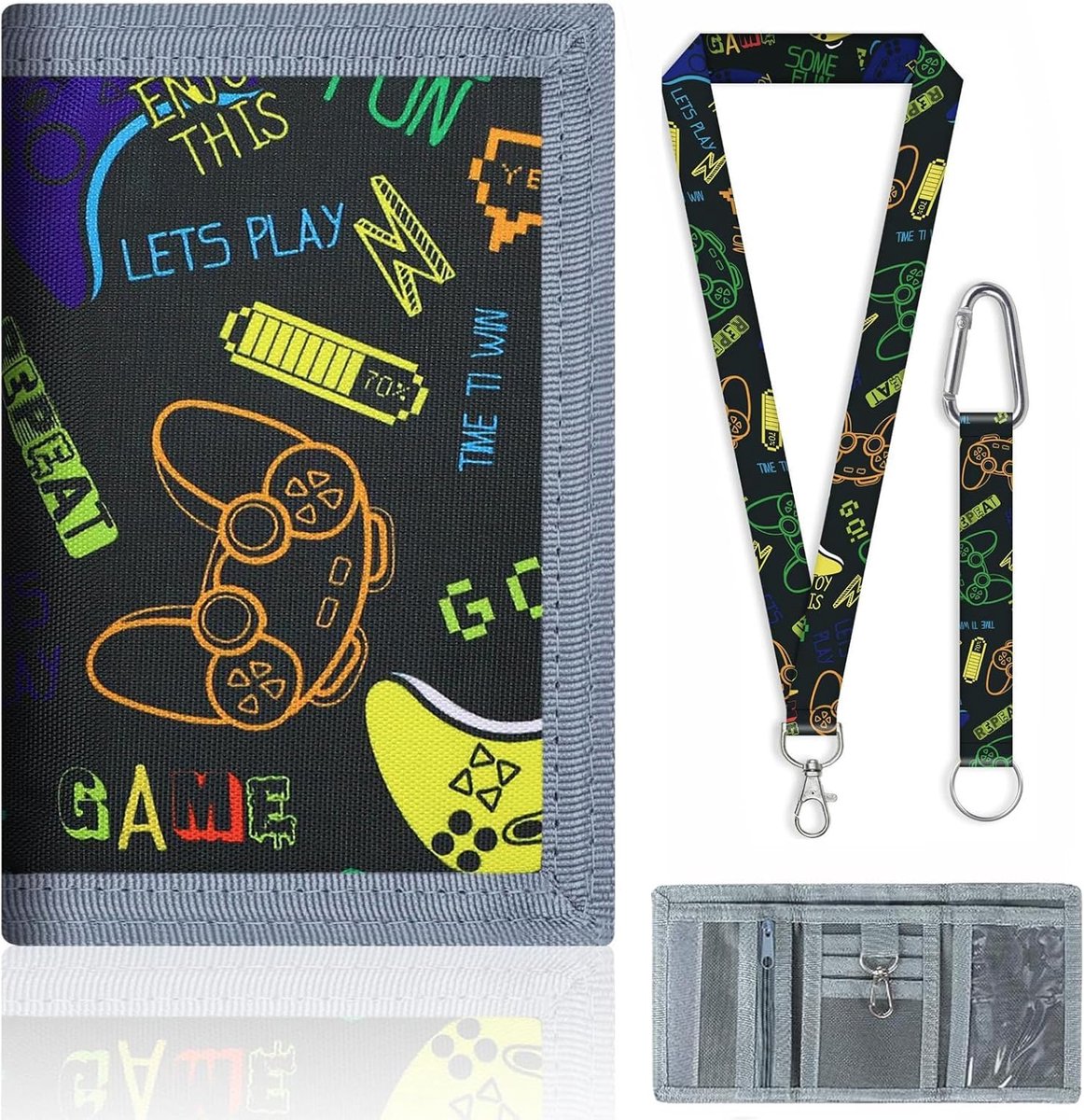 SnelShoppen - Kinderportemonnee, Drievoudig Vouwportemonnee voor Jongens en Meisjes, Met Lanyard, Ideaal voor School en Dagelijks Gebruik, Zwart, 12 x