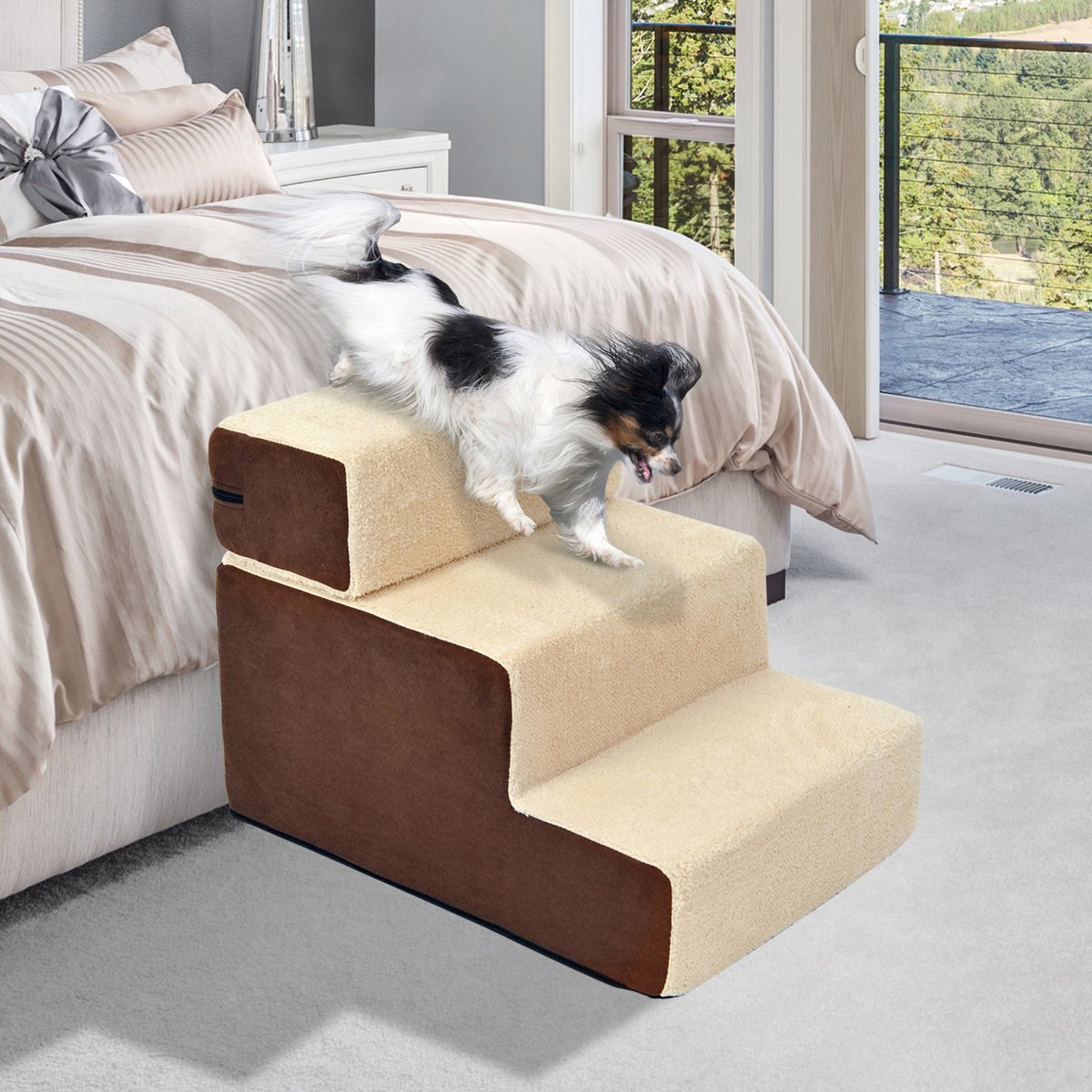 COVREO Hondentrap 54x40x39 cm beige, foam met pluche en 3 treden