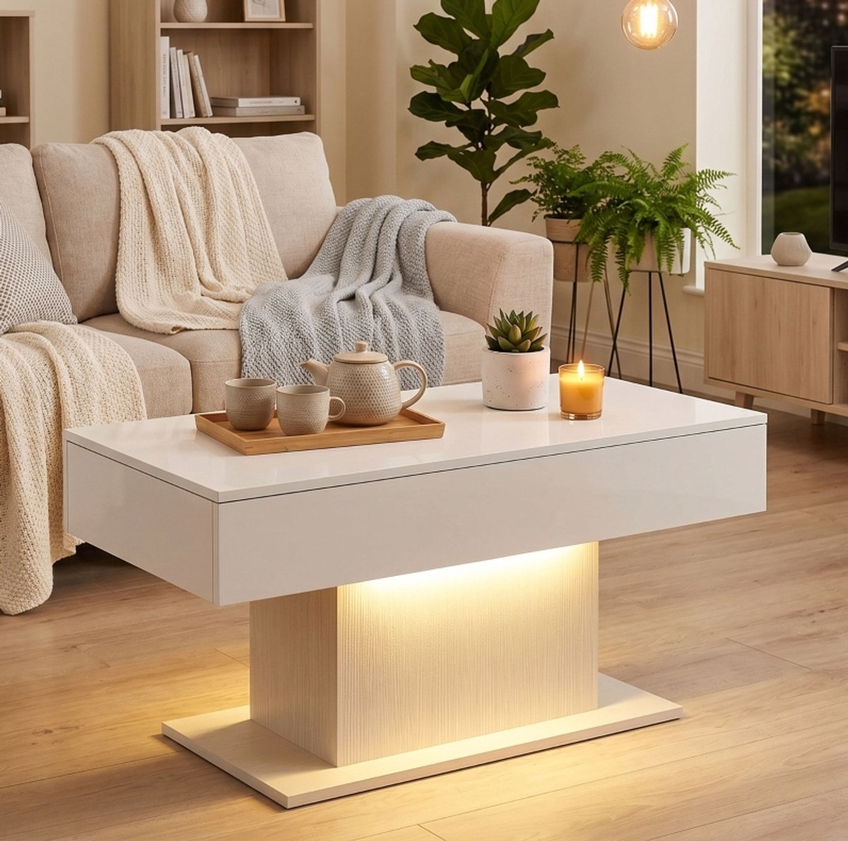 FloraGrace Salontafel - Hoogglans Met RGB Ledverlichting En 2 Greeploze Lades - Voor Woonkamer En Slaapkamer - Hout - 108x48x55 Cm - Wit