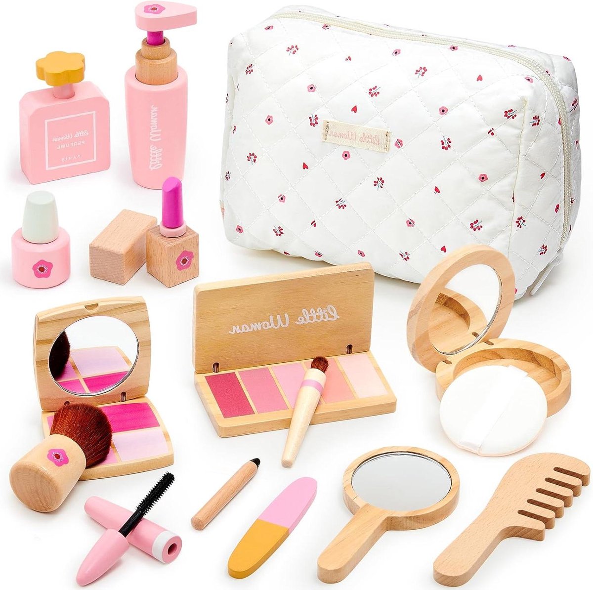 Houten Make-up Set - Kinderspeelgoed Cosmetica - Doen alsof Spelletjes - Met Opbergtas - 15 x 8 x 20 cm