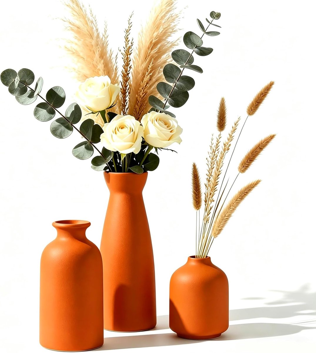 Vazen, set van 3 kleine vaas voor pampasgras en droogbloem, moderne tafeldecoratie, vazen voor woondecoratie, tafel, entree (oranje)