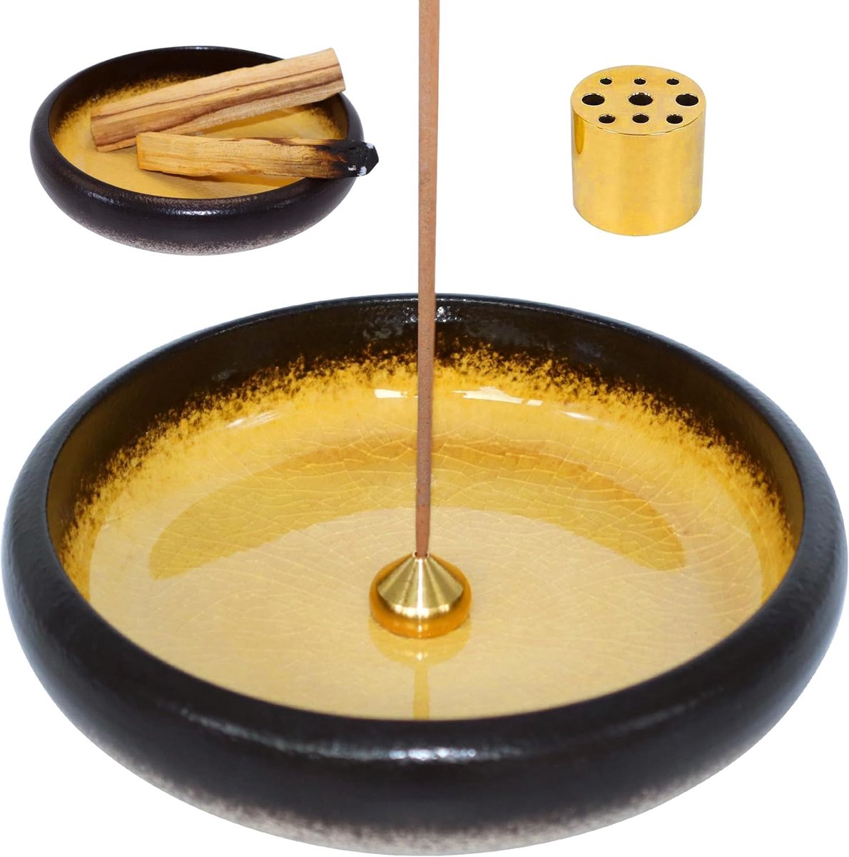 Mino-Yaki Wierookhouder Keramiek, 3-in-1 Wierookbrander met Ijsbarst Textuur voor Palo Santo, Salie en Kegels, Wierookschaal met Afneembare Messing Houders - Geel