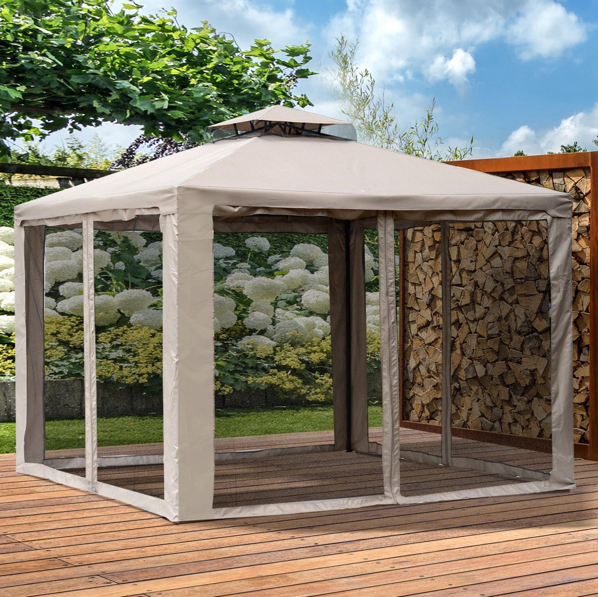 MEUNIQ paviljoen 294 x 294 cm met 4 gaaszijwanden, dubbel dak en metalen frame, grijs, voor tuinfeesten, picknicks en buitengebruik