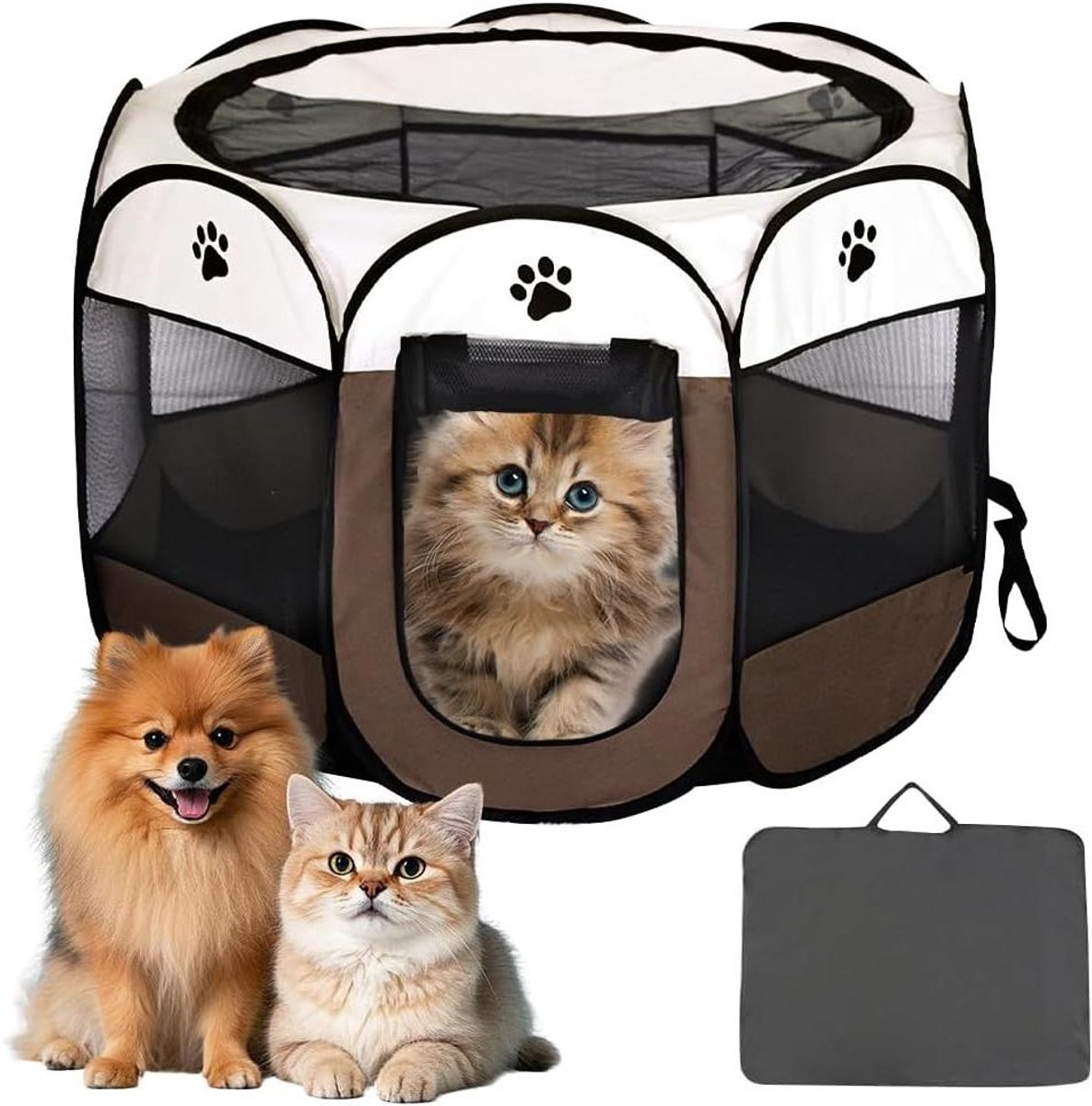 Hondenbox Opvouwbaar - Dierenverblijf Puppyren - Veilig Spelen - 8 Mesh Panelen - 74 x 74 x 43 cm - Bruin
