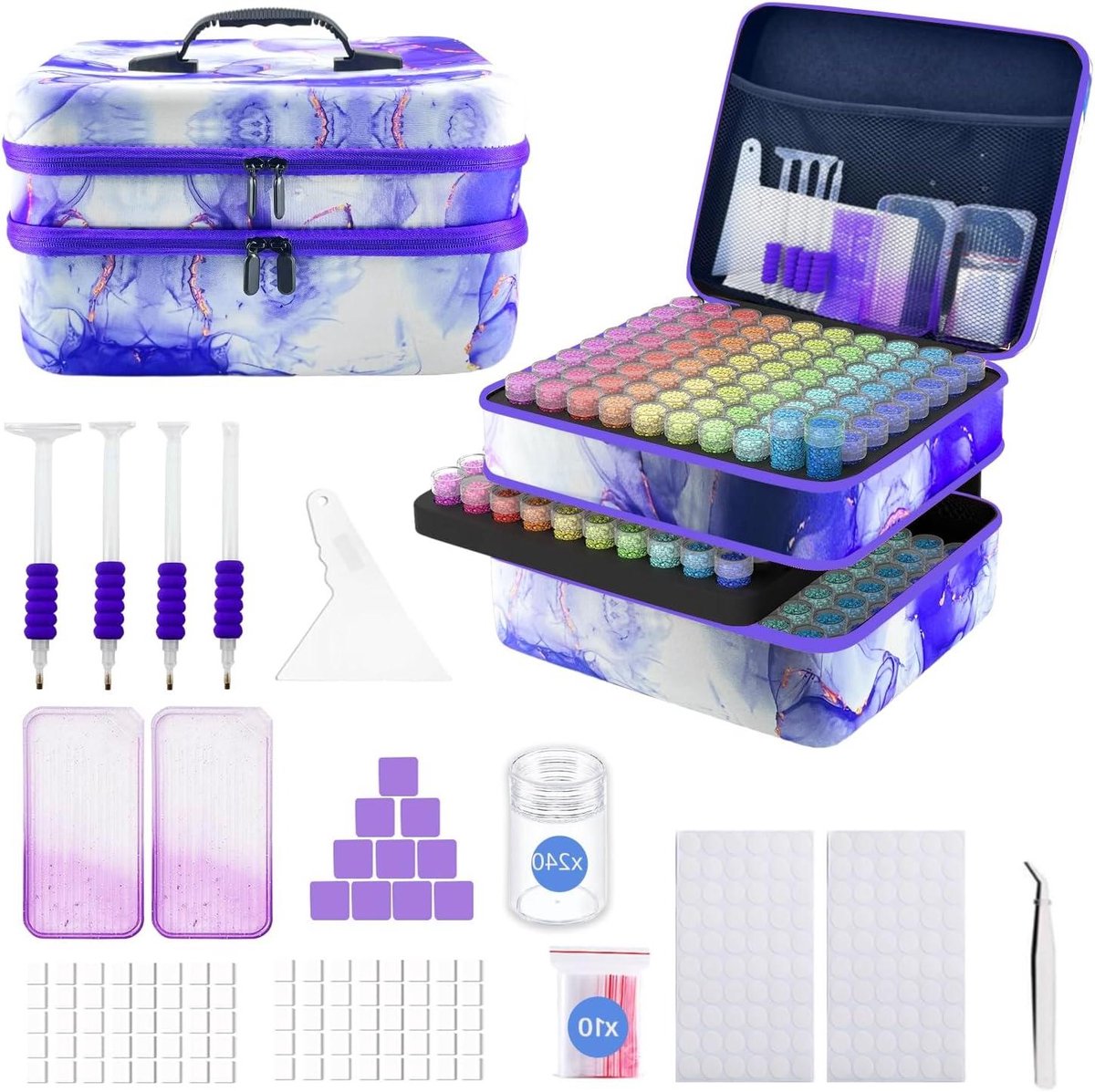 Diamantkunst Opslag - Kralen Organizer - Hobby Organiseren - 240 Sleuven - 32 x 28 x 20 cm - Paars