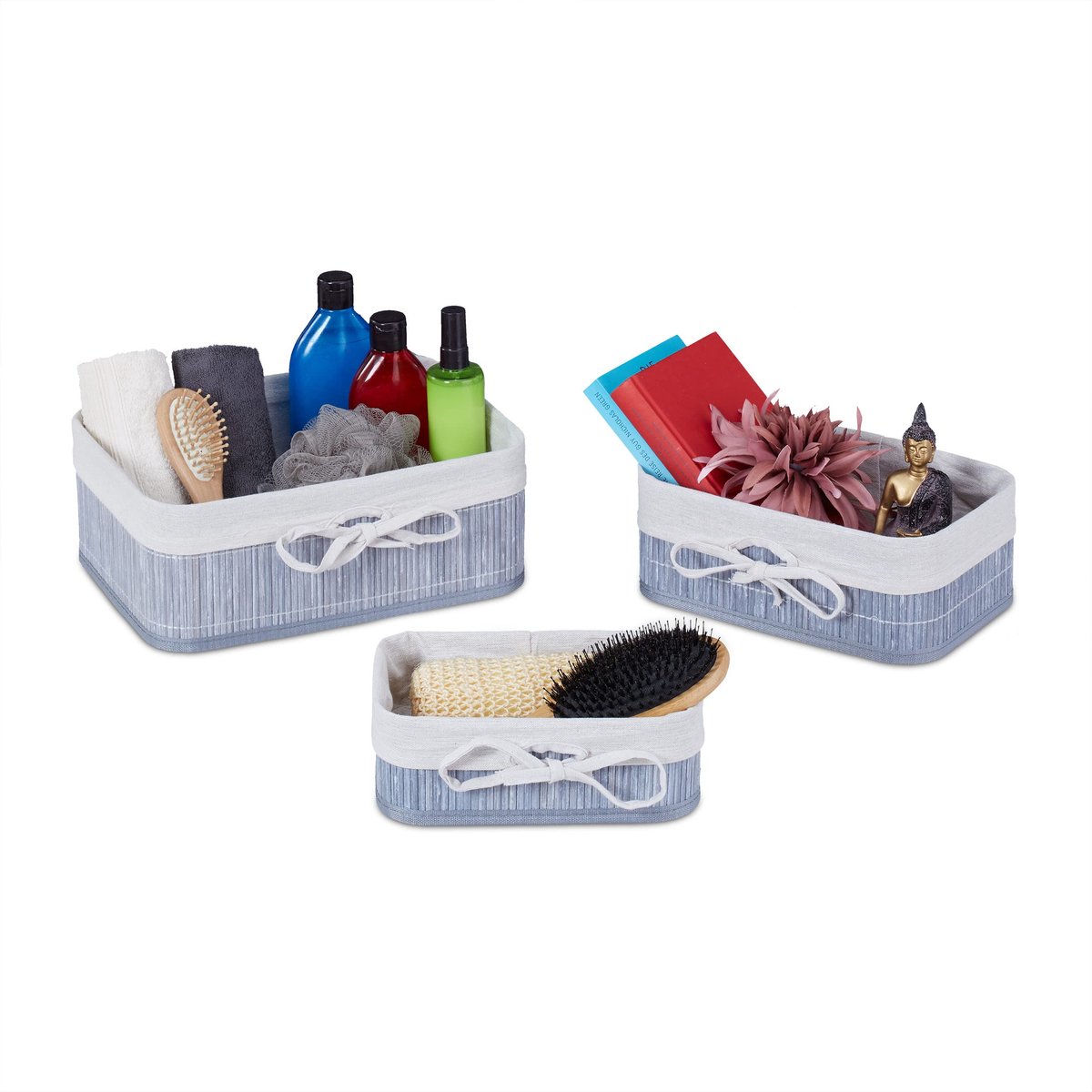 Opbergmanden set, bamboe, stof, vierkante opbergbox voor kast, 3 groottes, grijs/crème