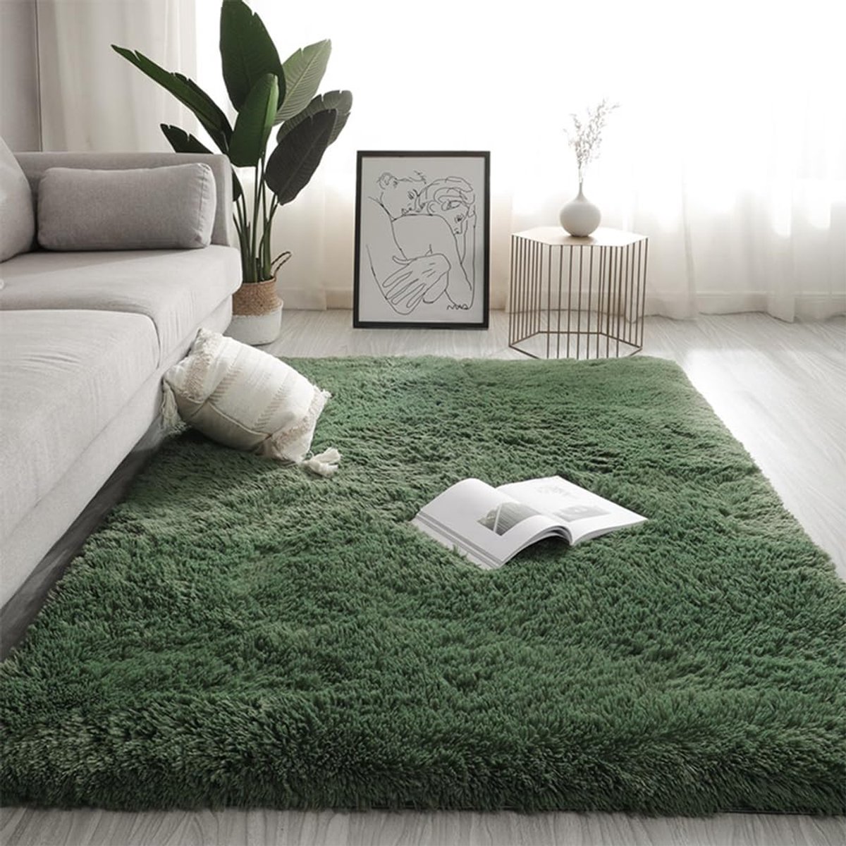 Vloerkleed voor de woonkamer, super zacht, shaggy tapijt, wollig, antislip onderkant, modern tapijt, wasbaar, hoogpolig, 198 x 298 cm, donkergroen