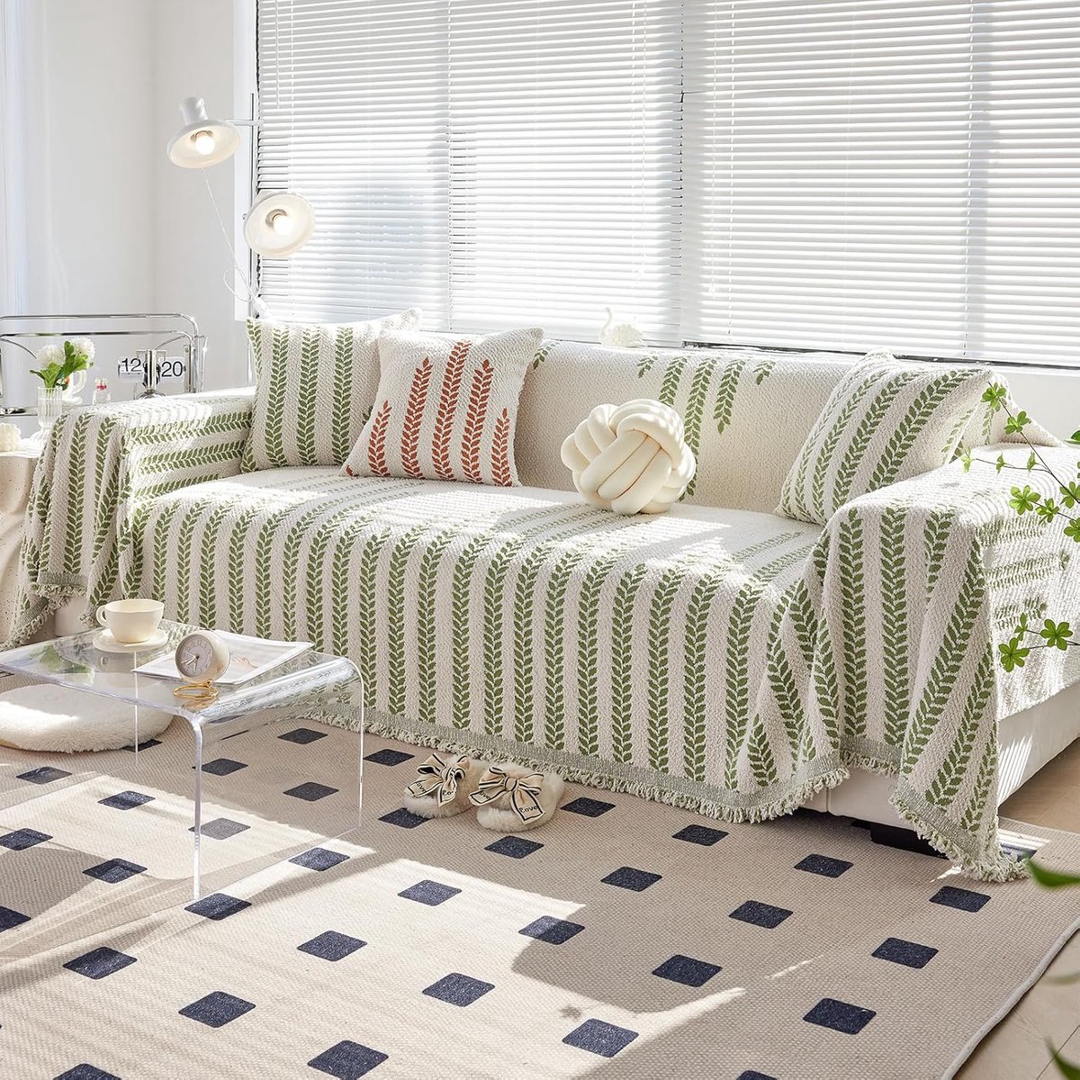 zachte pluche sofa gooit botanisch bloemenpatroon bankdeken met decoratieve kwastjes veelzijdige plaids voor banken grote plaids voor slaapbank het hele seizoen 180 x 300 cm-groen