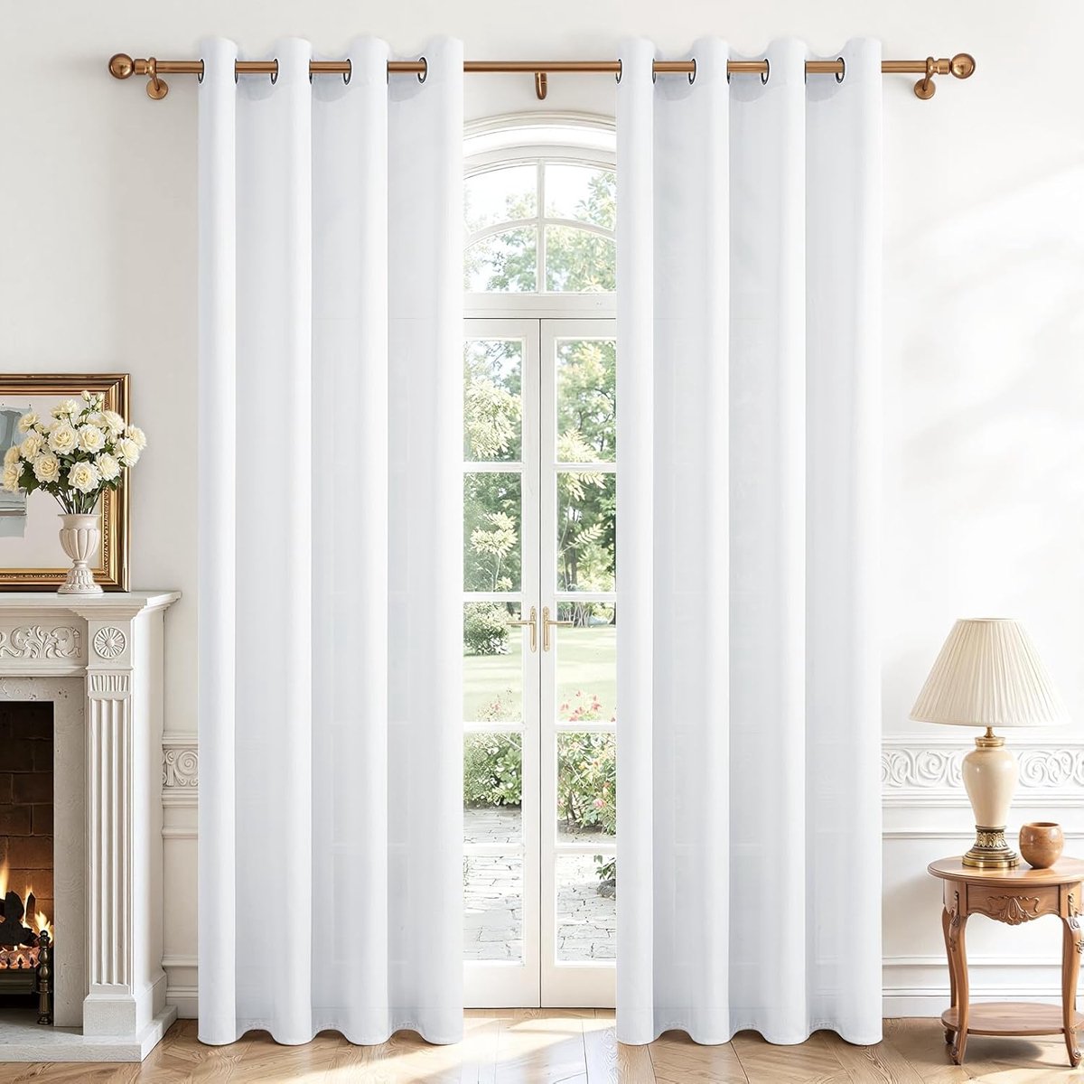 Gordijn, wit, linneneffect, halftransparant, met oogjes, 140 x 240 cm, 2 stuks, binnengordijnen, voor woonkamer, modern, slaapkamer, kantoor, deur, raam, gordijn