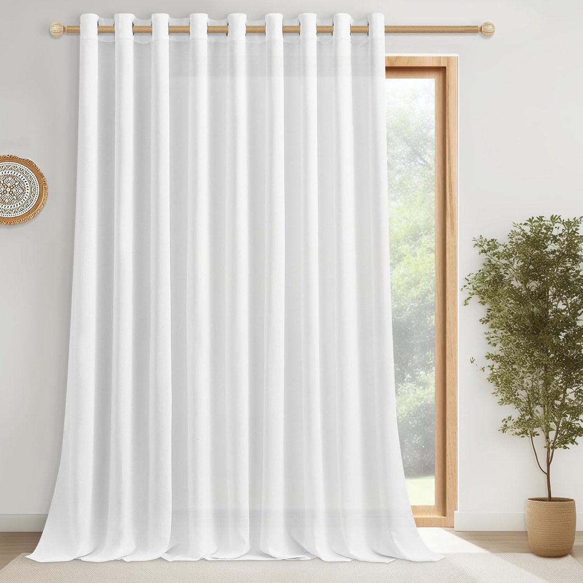 Gordijn wit met oogjes, linnenlook, halftransparant, gordijn met inslagringen, 1 stuk, 240 x 200 cm (h x b), voile gordijnen, linnen, wit, voor woonkamer, slaapkamer, grote ramen