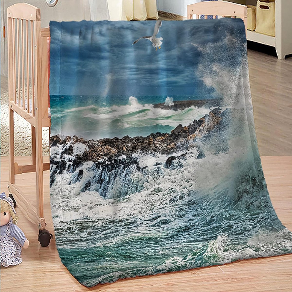 deken Queen Size - veelzijdige deken voor bed pluizige zachte grote plaid picknick deken oceaan golven blauw 100% microfiber 220x240cm