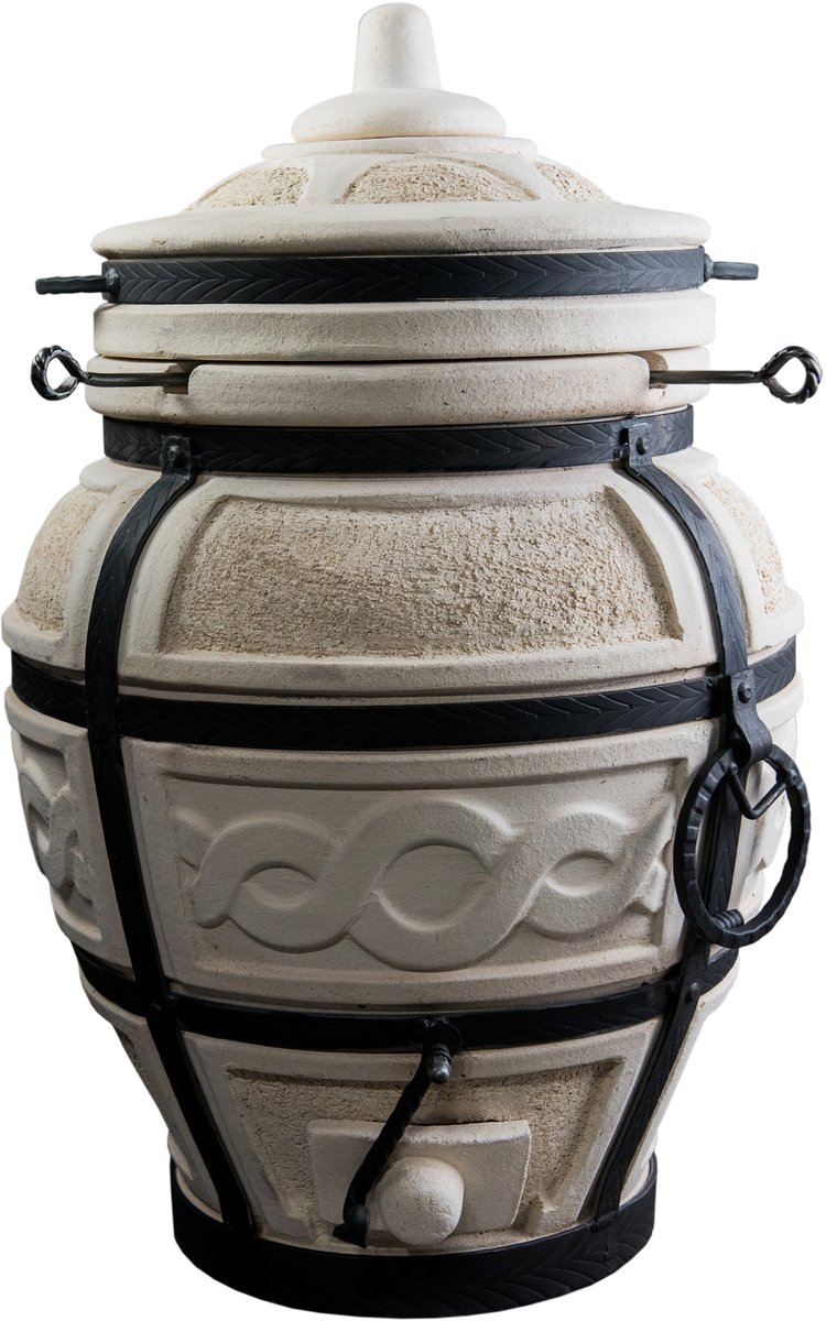 Tandoor Esaul – Keramische houtgestookte buitenoven, verticale Kamado voor vlees, groenten en brood – Met 8 XL-spiesen & accessoires – 5 cm dikke wanden voor perfecte warmteopslag – 82 cm – 100 kg - 55L *** Met beschermhoes en onderstel