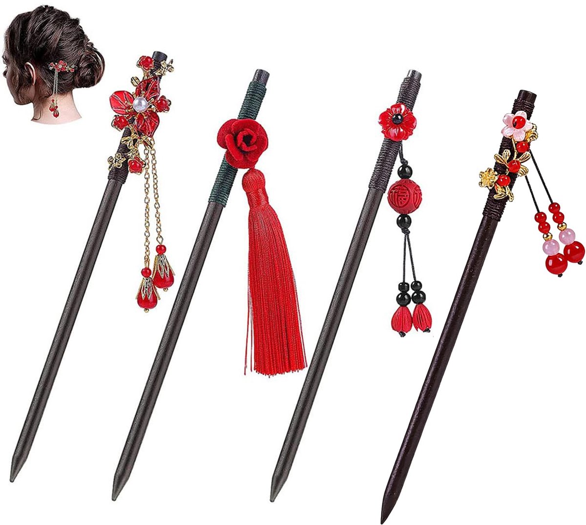 Haarspeld haar, handgemaakte houten haarspelden, vintage versierd met bloemen en kwastjes, geschikt voor dames en meisjes met lang haar