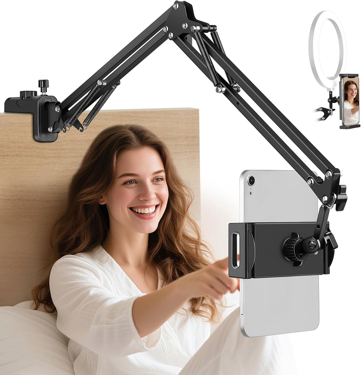 Tablethouder voor bed, aluminium arm, stabiel, tablethouder voor iPad (4,7-12,9 inch), 360° verstelbaar, telefoonhouder voor iPhone/Samsung, universele tablet, wandhouder/bureau
