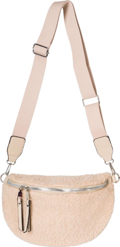 Lichtroze teddy-stof heuptas, halvemaanvormig, met verstelbare beige band.