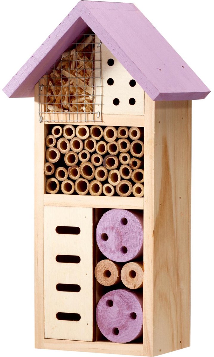 Pro Garden Insectenhotel Bugston - hout - naturel/lila - 13 x 8 x 26 cm - bijenhotel / Insectenhuis