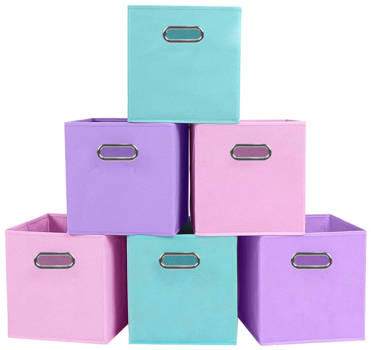 powerking Stoffen Opbergdozen Bakken, 6 Stuks Opvouwbare Stoffen Opberg Kubus Organizer Lade met Metalen Handvat Voor Kast En Speelgoedopslag, Lavendel+Lichtblauw+Roze