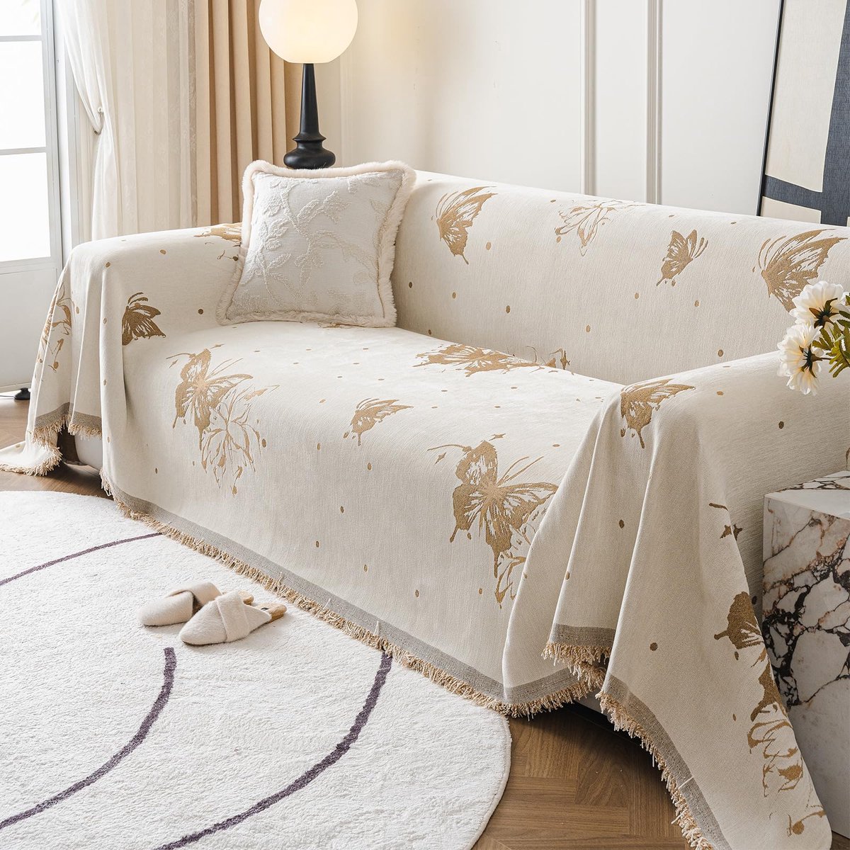 Sofa Gooit Elegante Vlinder Patroon Bankdeken met Decoratieve Kwasten Veelzijdige Plaids voor Banken Grote Plaids voor Slaapbank Het hele seizoen 180 x 340 cm-Donkere Curry